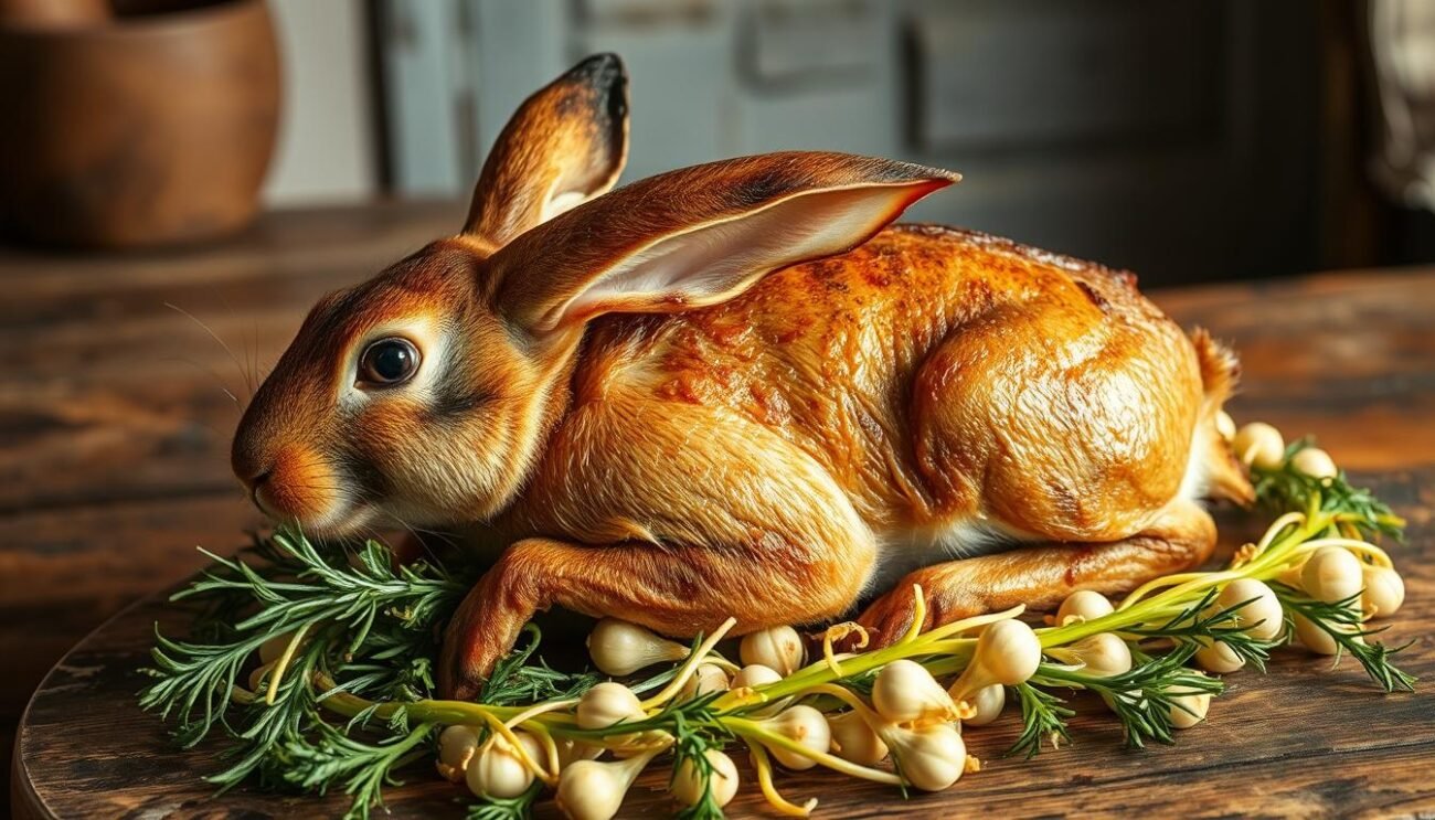 A succulent roasted rabbit nestled on a bed of fragrant wild fennel, its golden-brown skin glistening under the warm light of a rustic Tuscan kitchen. The tender meat, infused with the aromatic blend of garlic, rosemary, and white wine, beckons the senses. In the background, a weathered wooden table sets the stage, hinting at the comforting traditions of the Marche region. Capture the essence of this iconic dish, "coniglio in porchetta," and transport the viewer to the heart of Italian culinary heritage.