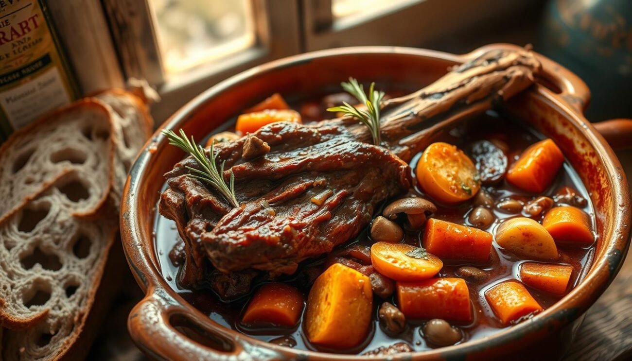 A succulent wild boar stew, simmered in a rich Tuscan red wine sauce, infused with aromatic rosemary, garlic, and wild fennel. The savory meat falls off the bone, nestled among tender carrots, onions, and mushrooms. Hearty crusty bread waits to soak up the flavorful juices. Sunlight filters through a rustic kitchen window, casting a warm glow over the rustic earthenware pot. The aroma of this Cinghiale in Umido alla Maremmana fills the air, beckoning you to indulge in the flavors of the Maremma region of Tuscany. A succulent wild boar stew, simmered in a rich Tuscan red wine sauce, infused with aromatic rosemary, garlic, and wild fennel. The savory meat falls off the bone, nestled among tender carrots, onions, and mushrooms. Hearty crusty bread waits to soak up the flavorful juices. Sunlight filters through a rustic kitchen window, casting a warm glow over the rustic earthenware pot. The aroma of this Cinghiale in Umido alla Maremmana fills the air, beckoning you to indulge in the flavors of the Maremma region of Tuscany.