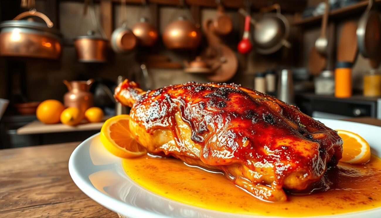 A sumptuous Veneto-style duck in a luscious orange sauce, simmered to perfection. In the foreground, a succulent duck breast glistens, its crispy skin caramelized to a golden hue. Surrounded by vibrant orange slices, the dish is plated on a pristine white surface, exuding elegance and refinement. In the background, a cozy kitchen scene unfolds, with copper pots and pans hanging from rustic wooden beams, hinting at the dish's traditional Tuscan origins. Soft, warm lighting casts a gentle glow, evoking the comforting atmosphere of a centuries-old Venetian home. The overall composition captures the rich history and refined presentation of this iconic Italian delicacy.