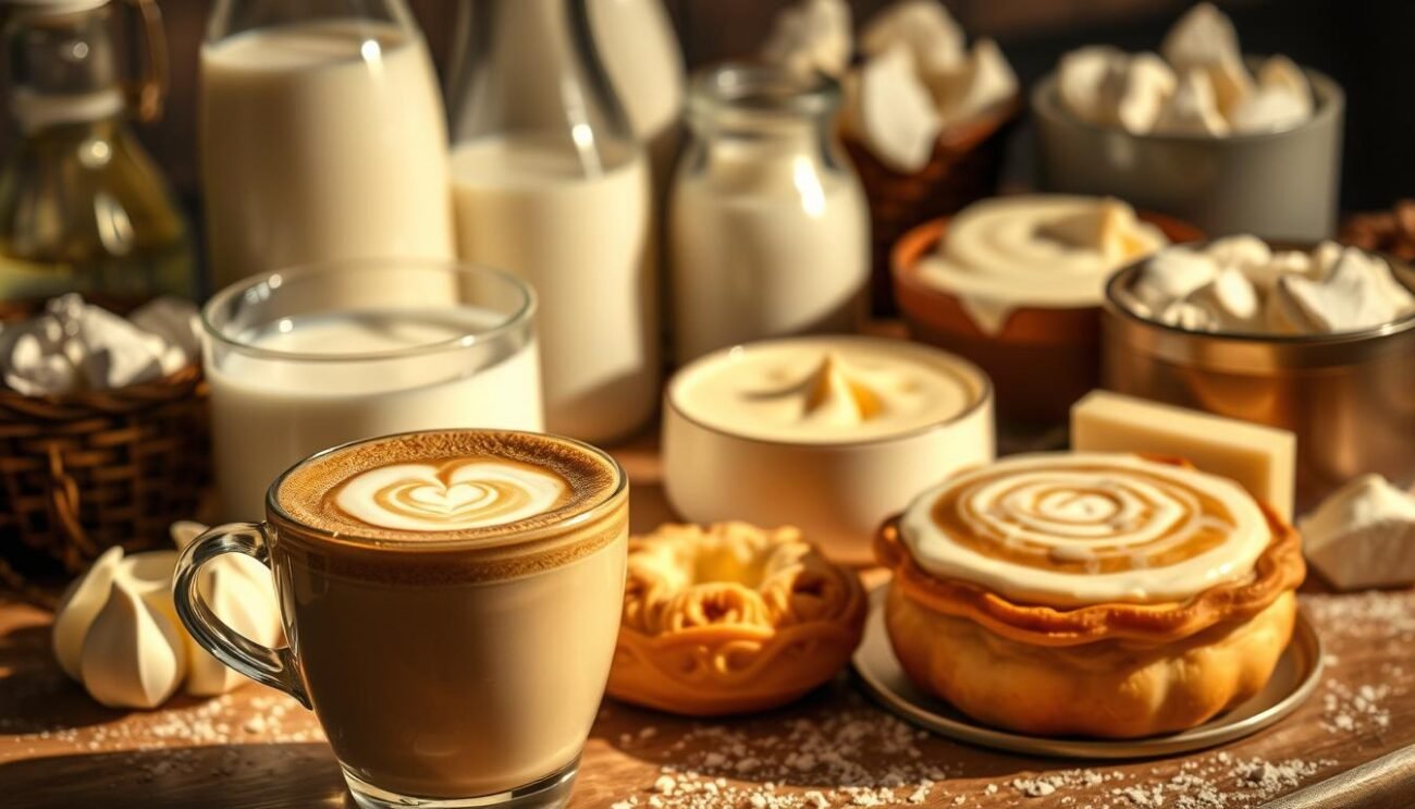 A sumptuous arrangement of creamy milk-based delights, artfully captured in a warm, inviting light. In the foreground, a frothy latte with a delicate rosetta pattern, the perfect companion to a decadent crema-filled pastry. In the middle ground, a selection of silky-smooth custards and puddings, their rich textures beckoning to be savored. The background features an array of dairy-based ingredients - fresh milk, lush cream, and creamy cheese curds - all culminating in a symphony of culinary indulgence. The scene exudes a sense of cozy, comforting sophistication, inviting the viewer to indulge in the delectable world of milk-based confections.