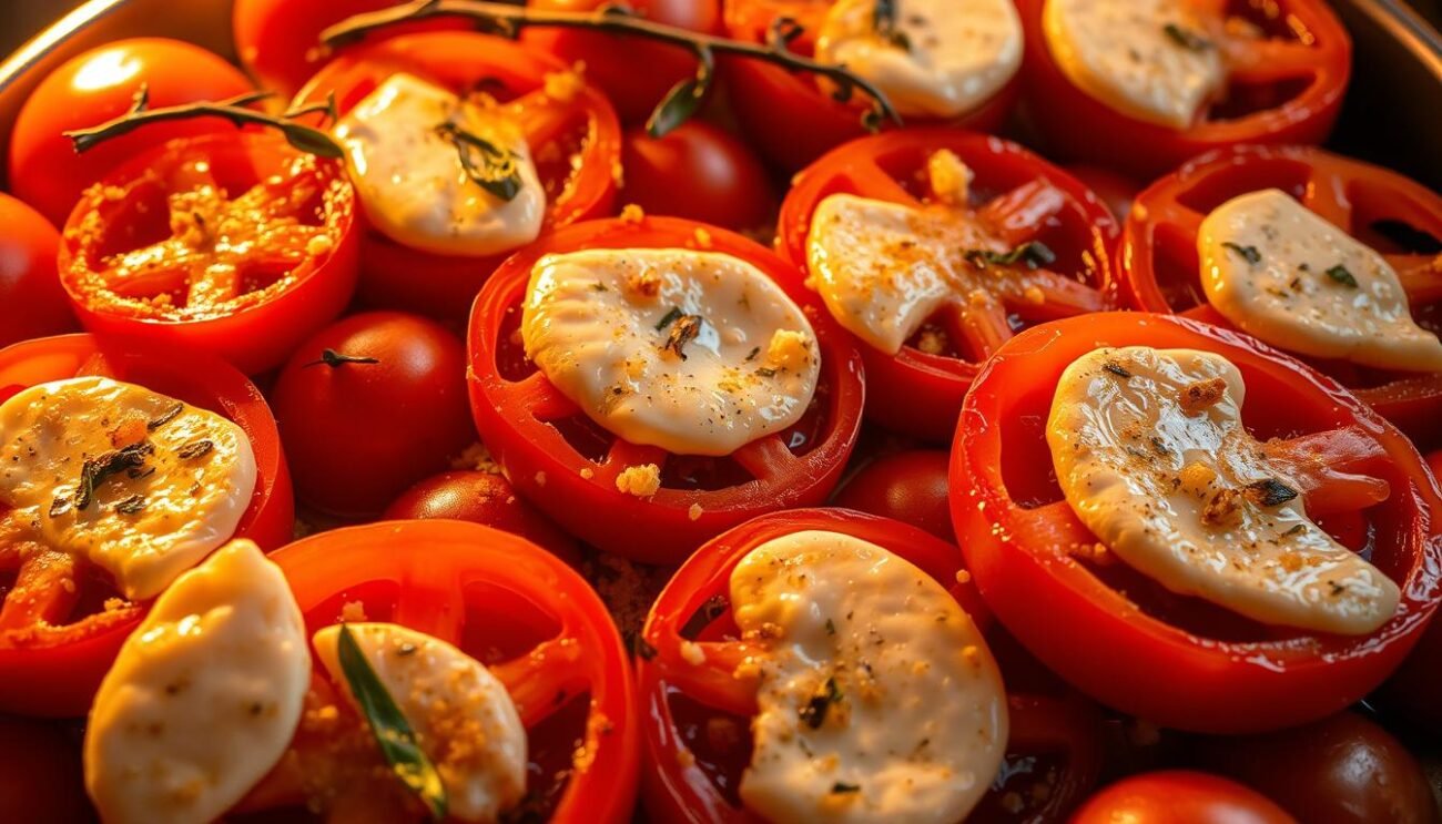 A sumptuous arrangement of ripe, plump tomatoes, their vibrant hues gleaming under the warm, golden glow of the oven's radiance. Slices of fresh mozzarella cheese, melted and bubbling, nestle between the tomato halves, creating a harmonious fusion of flavors. The scent of sizzling garlic and fragrant herbs wafts through the air, inviting the senses to indulge in this quintessential Italian delight. A sprinkling of breadcrumbs adds a delightful crunch, while the juices from the tomatoes mingle with the creamy cheese, forming a delectable sauce. This classic dish, rooted in the heart of Italian cuisine, is a true celebration of summer's bounty, capturing the essence of la dolce vita.