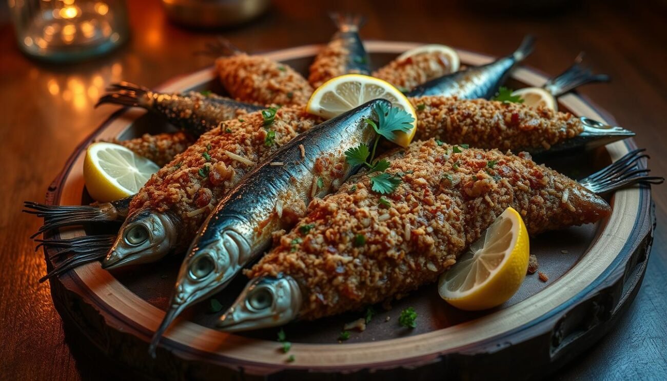 A sumptuous dish of fried Sicilian sardines stuffed with a savory breadcrumb, parsley, and anchovy filling, arranged in an elegant, overlapping pattern on a rustic wooden platter. The sardines glisten with a golden-brown crust, their delicate flesh infused with the rich, salty-sweet flavors of the beccafico stuffing. A scattering of fresh lemon wedges adds a bright, acidic counterpoint, while the warm, ambient lighting casts a cozy, inviting glow over the traditional Palermitan culinary masterpiece. A sumptuous dish of fried Sicilian sardines stuffed with a savory breadcrumb, parsley, and anchovy filling, arranged in an elegant, overlapping pattern on a rustic wooden platter. The sardines glisten with a golden-brown crust, their delicate flesh infused with the rich, salty-sweet flavors of the beccafico stuffing. A scattering of fresh lemon wedges adds a bright, acidic counterpoint, while the warm, ambient lighting casts a cozy, inviting glow over the traditional Palermitan culinary masterpiece.