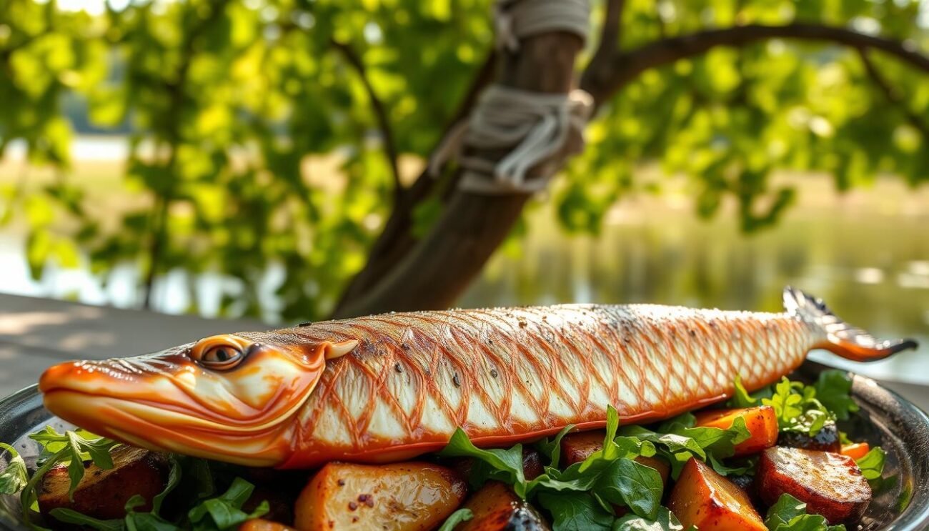 A sumptuous grilled eel dish set against the serene backdrop of the Po Delta. A golden-brown eel, its skin crisp and glistening, rests atop a bed of fresh greens and roasted vegetables. The warm, smoky aroma wafts through the air, complemented by the gentle breeze off the nearby river. Dappled sunlight filters through the lush foliage, casting a soft, inviting glow on the scene. The presentation is simple yet elegant, allowing the natural flavors of the eel and the local produce to shine. This dish, a true taste of the Po Delta, embodies the authentic, summer-inspired flavors of the region.