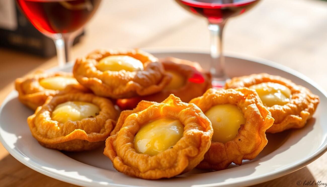 A sumptuous plate of golden-brown Sciatt Valtellinesi, fried buckwheat fritters with a molten cheese center, accompanied by a glass of rich, ruby-red wine. The Sciatt are artfully arranged, their crisp exteriors glistening under the warm, natural lighting, inviting the viewer to savor their delightful texture and flavor. The wine, swirling gently in the glass, complements the savory notes of the Sciatt, creating a harmonious and appetizing scene. The background is softly blurred, allowing the star of the dish to take center stage and entice the senses. This image perfectly captures the essence of "Como Servire gli Sciatt Valtellinesi," showcasing the mouthwatering combination of these traditional Italian delicacies and the perfect pairing of local wine.