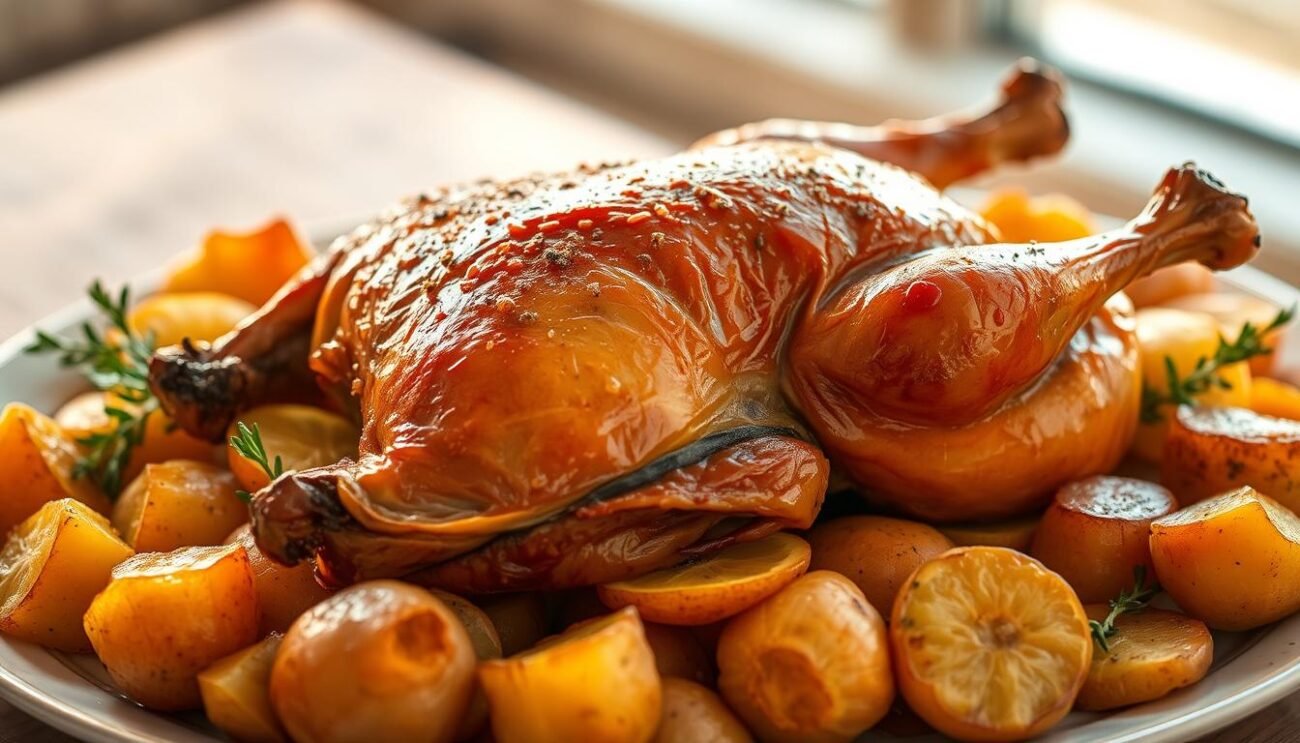 A sumptuous roasted duck, its crisp golden skin glistening, nestled atop a bed of tender, buttery orange slices. Surrounding the centerpiece are fluffy, golden-brown roasted potatoes, their surfaces lightly crisped and seasoned to perfection. The scene is bathed in a warm, natural light, casting a soft, inviting glow over the entire composition. The air is filled with the inviting aromas of citrus, herbs, and slow-roasted fowl. This elegantly plated dish exudes an air of rustic sophistication, capturing the essence of traditional Venetian cuisine.