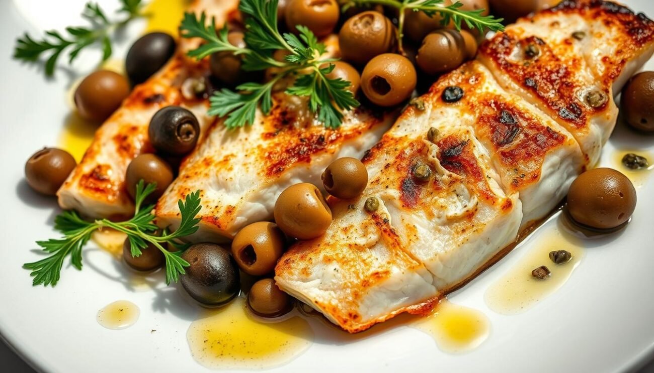 A sumptuous seafood dish, "Pesce Spada alla Ghiotta" showcases a vibrant medley of swordfish, olives, capers, and aromatic herbs. The swordfish fillets are seared to perfection, their golden-brown exteriors juxtaposed against the moist, flaky interior. Nestled among the fish are plump, briny olives and tangy capers, their flavors mingling harmoniously. Sprigs of fresh parsley and oregano add a verdant touch, while a drizzle of olive oil glistens on the plate, capturing the rustic, Mediterranean essence of this classic Calabrian preparation. The composition is illuminated by soft, natural lighting, highlighting the dish's alluring colors and textures. This inviting scene captures the essence of the "Pesce Spada alla Ghiotta" recipe, ready to transport the viewer to the sun-drenched coasts of southern Italy.