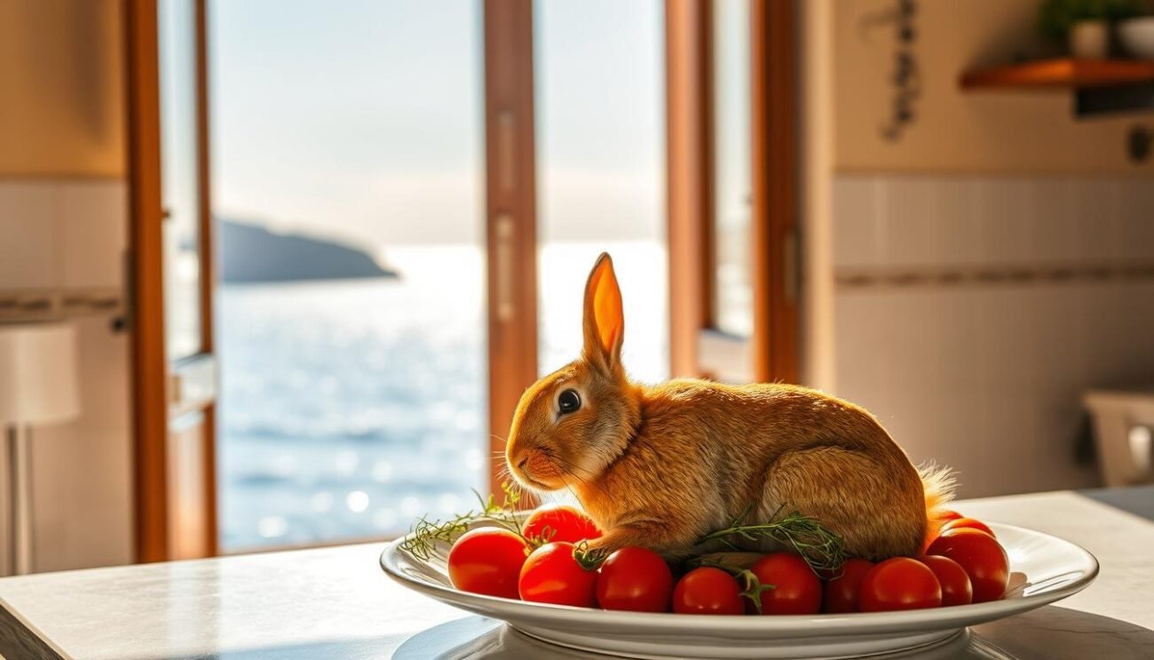 A sun-dappled kitchen in Ischia, with the Tyrrhenian Sea glimmering through an open window. A plate of freshly prepared "Coniglio all'Ischitana" takes center stage, its golden-brown skin glistening. The rabbit is surrounded by vibrant cherry tomatoes, their deep red hues complementing the dish. A few sprigs of fresh herbs add a touch of greenery, while the scent of the sea air wafts in from the distance. The lighting is warm and inviting, casting a soft glow over the scene. This image captures the essence of the "Coniglio all'Ischitana" - a harmonious blend of sun, sea, and the flavors of the Mediterranean.
