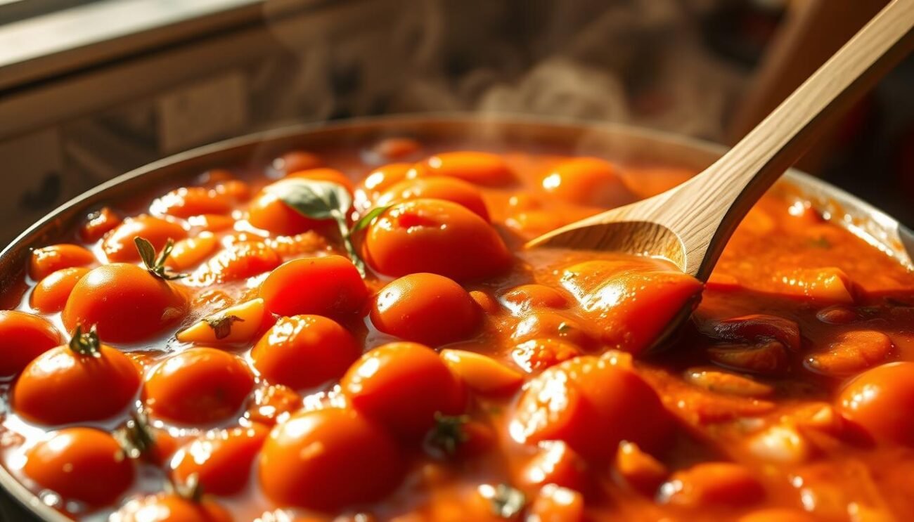 A sun-drenched Italian kitchen, filled with the aroma of ripe tomatoes simmering in a rich, fragrant sugo pomodoro. Plump, juicy tomatoes glistening in the warm light, their vibrant hues a symphony of reds and oranges. Garlic, onions, and fresh herbs infuse the sauce with depth and complexity, creating a captivating blend of flavors. The scene is bathed in a soft, golden glow, casting a cozy, inviting atmosphere. A wooden spoon gently stirs the simmering pot, its steady rhythm echoing the care and attention poured into this classic Italian preparation. The image captures the essence of the "Preparazione del Sugo per il Pane Frattau," a mouthwatering prelude to the hearty Pane Frattau dish.