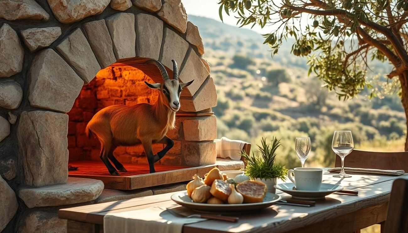 A sun-drenched Sardinian hillside, where a traditional stone oven stands aglow. Inside, a succulent young goat, its skin golden-brown, infused with the fragrant herbs of the Mediterranean. Rosemary, thyme, and garlic mingle with the savory aroma, as tender meat falls off the bone. A rustic wooden table, set with simple yet elegant tableware, awaits the sharing of this timeless culinary tradition. Soft, natural light filters through the olive trees, casting a warm, earthy glow over the scene. This is the essence of "Capretto al Forno," a beloved dish that embodies the local identity and centuries-old culinary heritage of Sardinia.