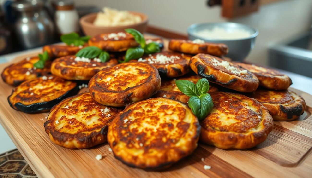 A table filled with freshly prepared "polpette melanzane," or Sicilian eggplant fritters, in a warm, rustic setting. The fritters are golden-brown and crisp on the outside, with a soft, flavorful interior. They are arranged artfully on a wooden board, garnished with fresh basil leaves and a sprinkle of grated Parmesan cheese. The background features a tiled countertop and a few kitchen utensils, creating a sense of authenticity and homemade preparation. The lighting is soft and natural, highlighting the texture and color of the eggplant fritters. The overall mood is inviting and appetizing, capturing the essence of this traditional Sicilian vegetarian dish.