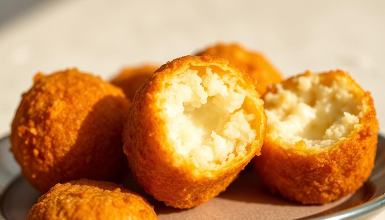 A tempting close-up of perfectly formed supplì riso, the classic Italian rice croquettes with a molten mozzarella center. The golden-brown exterior is crisp and inviting, while the soft, fluffy rice filling peeks through, hinting at the delightful surprise within. Set against a neutral background, the supplì are the undisputed stars, illuminated by natural light that casts warm shadows and highlights the intricate textures. The composition is clean and uncluttered, allowing the viewer to focus on the alluring details of these beloved Italian street food delights.