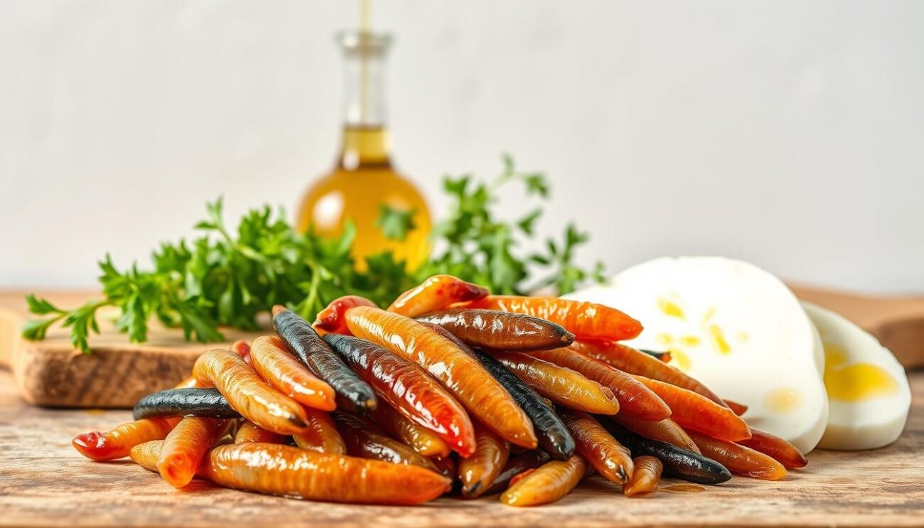 A tempting still life arrangement of the key ingredients for the classic Neapolitan dish, Alici 'Mbuttunate. In the foreground, a pile of fresh, glistening anchovies lie alongside slices of creamy mozzarella cheese. Behind them, a scattering of bright green herbs and a drizzle of golden olive oil hint at the flavors to come. The middle ground features a rustic wooden board, its weathered surface providing a natural backdrop. In the background, a simple white or lightly textured wall creates a clean, minimalist setting, allowing the vibrant colors and textures of the ingredients to take center stage. Soft, natural lighting illuminates the scene, emphasizing the fresh, appetizing quality of the components. This image captures the essence of the Alici 'Mbuttunate recipe, enticing the viewer to experience the authentic flavors of traditional Neapolitan cuisine.