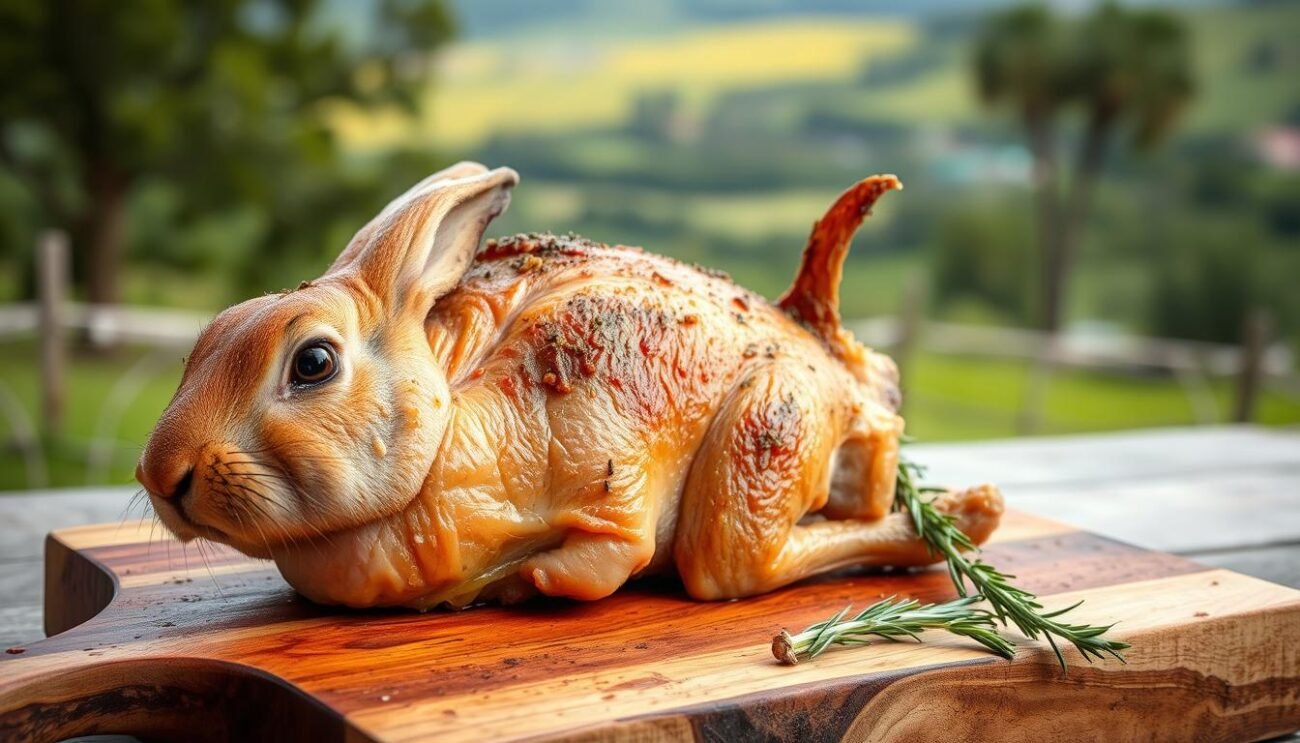 A tender, juicy rabbit roast, perfectly seasoned with wild fennel, garlic, and rosemary, resting atop a rustic wooden cutting board. The meat's golden-brown crust glistens under the warm, soft lighting, inviting you to savor the rich, fragrant flavors of the Marche region's traditional coniglio in porchetta. In the background, a lush, verdant landscape evokes the rolling hills and pastoral charm of the Italian countryside, setting the stage for this celebrated culinary heritage.