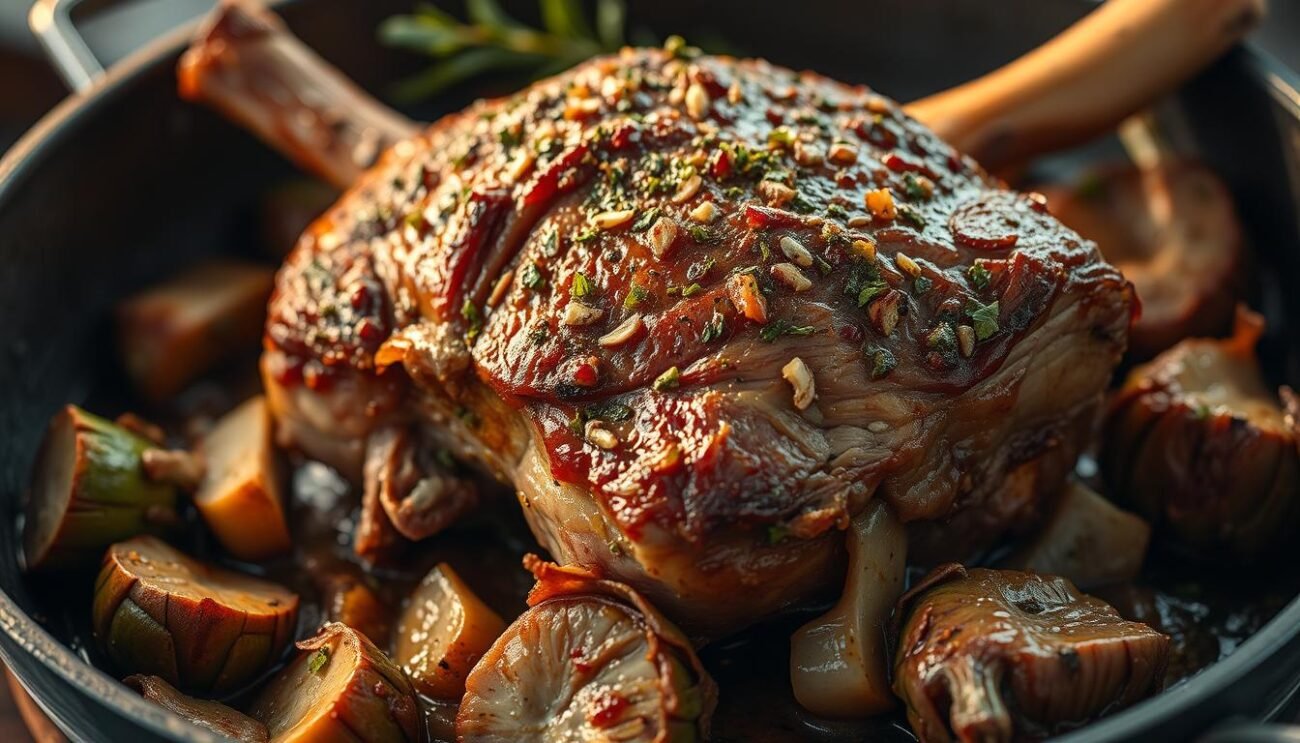 A tender lamb roast, perfectly seasoned with aromatic herbs and garlic, sizzling in a cast-iron pan. The meat glistens under the warm, golden light, its edges caramelized to a delicate crisp. Scattered around the lamb are fresh, vibrant artichokes, their leaves unfurling to reveal tender, flavorful hearts. The scene evokes the rustic charm of a Sardinian kitchen, where tradition and simplicity come together to create a truly mouthwatering dish. A shallow depth of field draws the eye to the captivating interplay of textures and colors, inviting the viewer to savor the essence of "Cottura Agnello" - the art of cooking lamb to perfection.