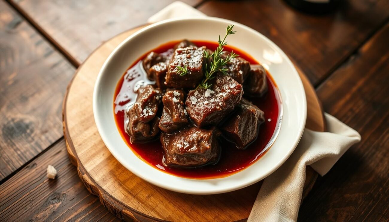 A tender, succulent beef stracotto (braised beef) simmered in a rich, velvety red wine sauce, served on a rustic wooden table. The beef has been slowly cooked until it falls apart effortlessly, its tender fibers glistening in the warm light. The sauce, a deep burgundy hue, clings to the meat, its aromatic blend of herbs and spices tantalizing the senses. Garnished with fresh thyme sprigs and a sprinkle of coarse sea salt, the dish exudes an air of authentic, homespun Italian cuisine. The setting is intimate, with a simple, earthy backdrop that allows the stracotto to take center stage, showcasing its rustic elegance and the care taken in its preparation. A tender, succulent beef stracotto (braised beef) simmered in a rich, velvety red wine sauce, served on a rustic wooden table. The beef has been slowly cooked until it falls apart effortlessly, its tender fibers glistening in the warm light. The sauce, a deep burgundy hue, clings to the meat, its aromatic blend of herbs and spices tantalizing the senses. Garnished with fresh thyme sprigs and a sprinkle of coarse sea salt, the dish exudes an air of authentic, homespun Italian cuisine. The setting is intimate, with a simple, earthy backdrop that allows the stracotto to take center stage, showcasing its rustic elegance and the care taken in its preparation.