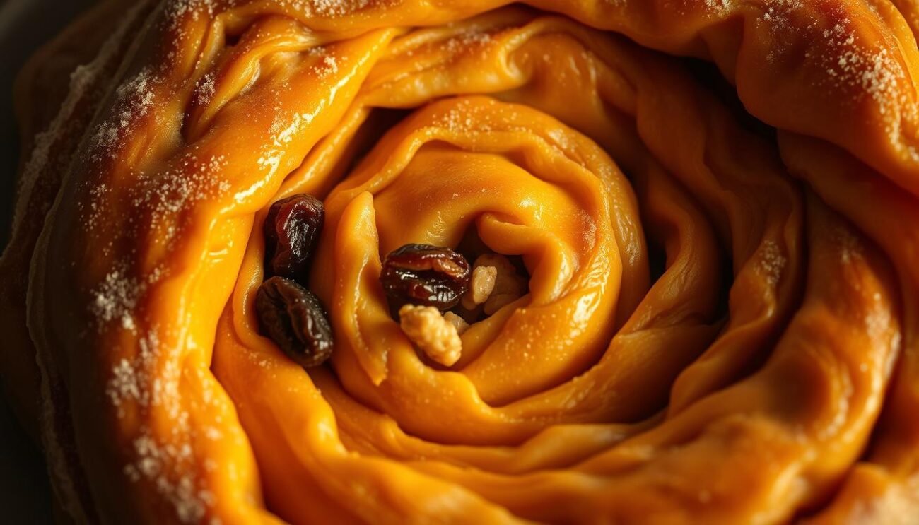 A thick, textured layer of dough, expertly kneaded and shaped into a spiraling coil. The surface glistens with the rich, golden hue of freshly baked pastry, hinting at the decadent filling within. Plump raisins, chopped walnuts, and a hint of fragrant liqueur nestle between each layer, creating a symphony of flavors. The impasto is lit from above, casting dramatic shadows that accentuate the intricate folds and curves of the dough. The composition is tight, focusing the viewer's attention on the intricate details of the impasto's artisanal craftsmanship. An atmospheric lighting setup, with warm tones and a slight vignette, lends a sense of rustic elegance to the scene.