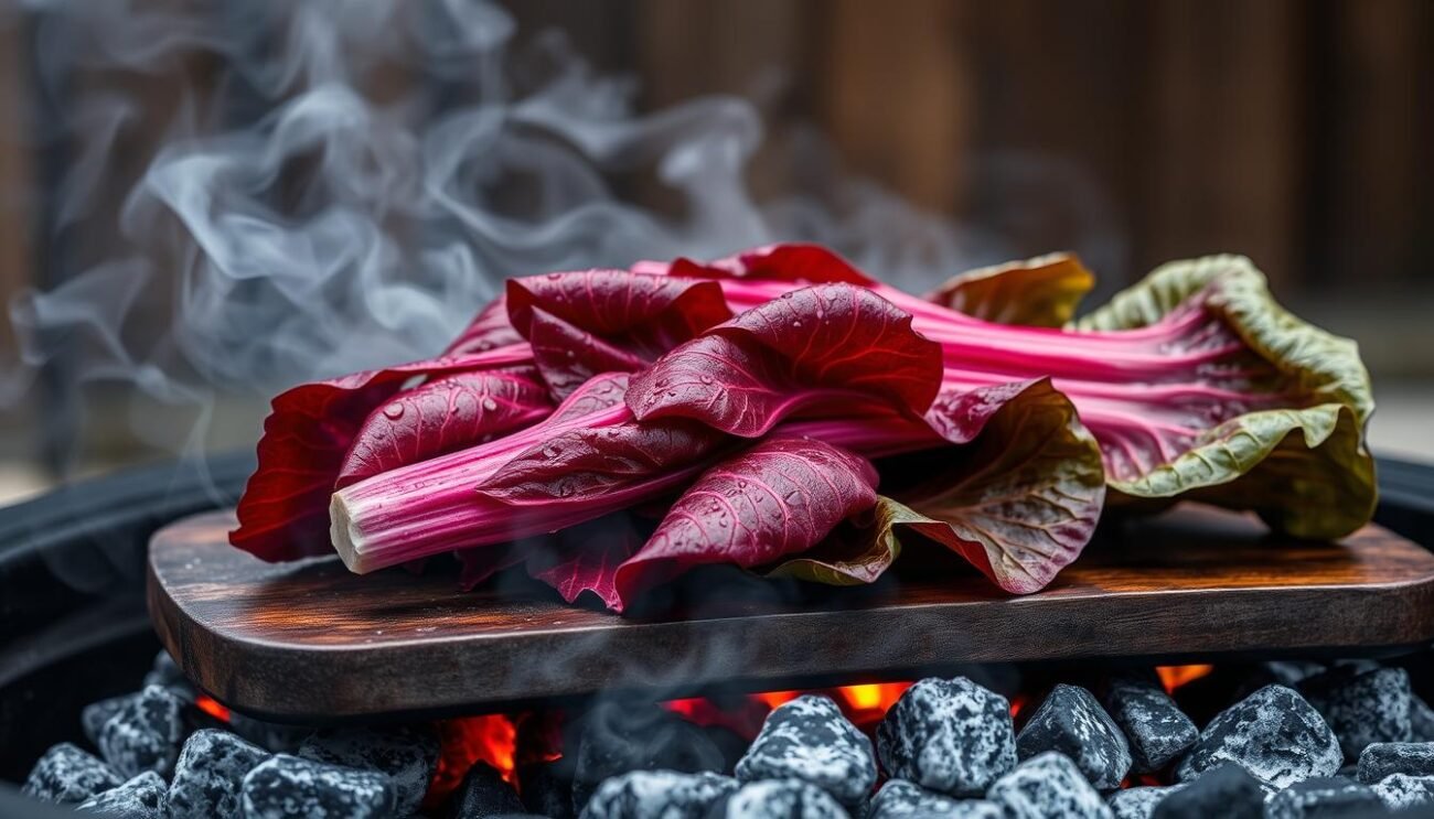 A tightly framed view of a head of radicchio di Treviso, its crimson leaves glistening with droplets of water, resting on a sturdy wooden grilling platter. Thick smoke rises from the glowing coals beneath, casting a warm, earthy glow across the scene. The radicchio is arranged in a visually appealing manner, with the leaves slightly curled and charred at the edges, showcasing the effects of the grilling process. The overall composition emphasizes the rustic, artisanal nature of the dish, inviting the viewer to imagine the intense flavors and textures that will result from this traditional cooking method. A shallow depth of field keeps the focus on the central subject, while hinting at a broader context of an outdoor grilling setup.