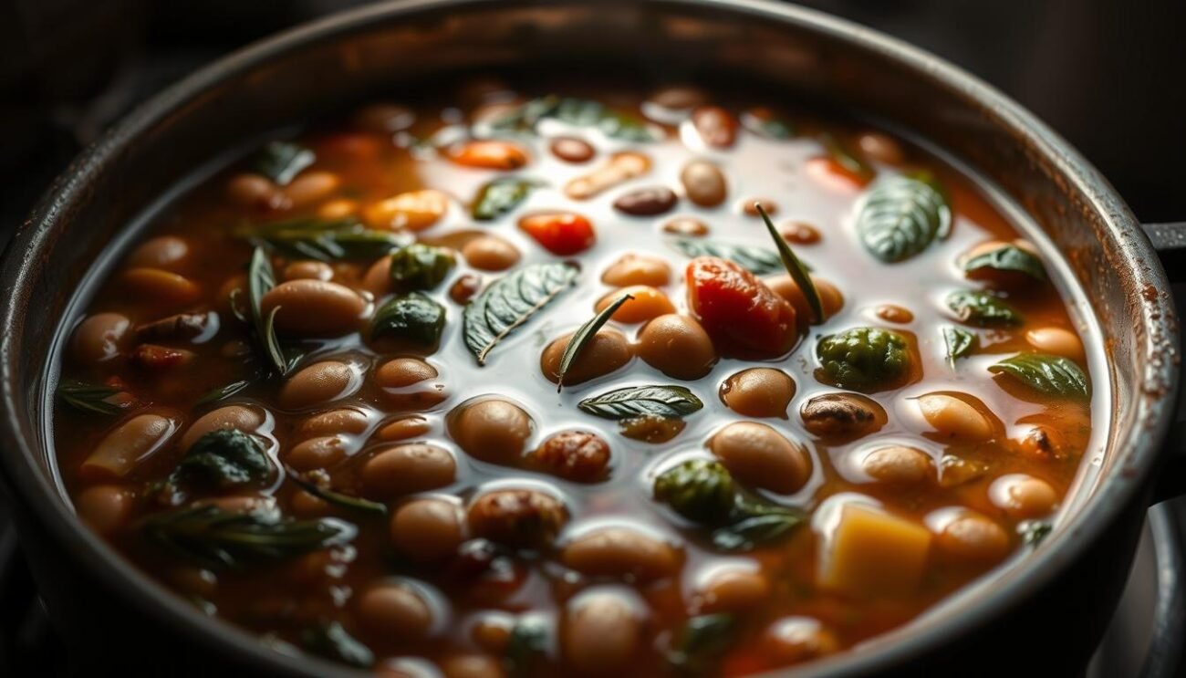A traditional Calabrian bean soup, Minestra di Fagioli, simmers with a medley of seasonal vegetables. Earthy beans and hearty greens mingle in a rich, aromatic broth, infused with the warmth of olive oil and the fragrance of rosemary. The soup's rustic texture and comforting flavors evoke the winter traditions of Southern Italy, captured in a cozy, chiaroscuro scene. Illuminated by the soft glow of a farmhouse kitchen, the Minestra di Fagioli bubbles with the promise of nourishment and togetherness, a timeless representation of Calabrian culinary heritage.