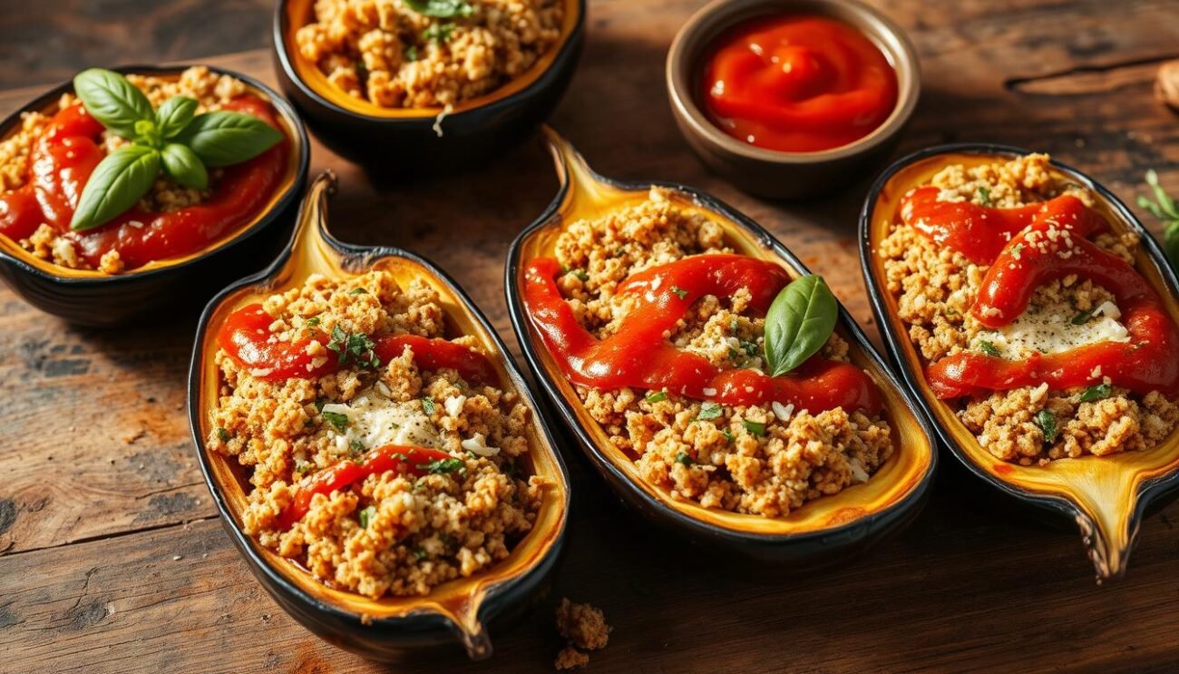 A traditional Calabrian stuffed eggplant dish, freshly prepared with tender, roasted eggplant halves. The eggplant shells are filled with a savory mixture of breadcrumbs, aromatic herbs, tangy cheese, and a drizzle of rich tomato sauce. The scene is bathed in warm, golden light, casting a cozy, homemade atmosphere. The eggplants are arranged on a rustic wooden surface, accompanied by a small bowl of additional sauce and fresh basil leaves, creating a classic, mouthwatering presentation of this iconic regional specialty.