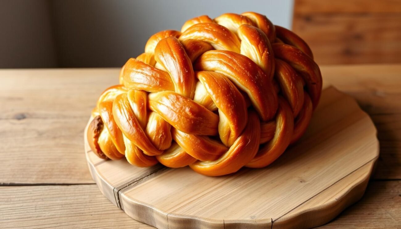 A traditional Italian Easter pastry, the Pigna Molisana, a beautifully braided pine cone-shaped sweet bread, sits atop a rustic wooden table. The intricate plaits of dough, reminiscent of an intricate woven basket, cast warm, golden hues under soft, natural lighting. The bread's distinct shape and textured surface evoke the rich history and cultural significance of this beloved Molisian delicacy. In the background, a simple, uncluttered setting allows the Pigna Molisana to take center stage, highlighting its timeless artistry and the proud culinary heritage it represents. A traditional Italian Easter pastry, the Pigna Molisana, a beautifully braided pine cone-shaped sweet bread, sits atop a rustic wooden table. The intricate plaits of dough, reminiscent of an intricate woven basket, cast warm, golden hues under soft, natural lighting. The bread's distinct shape and textured surface evoke the rich history and cultural significance of this beloved Molisian delicacy. In the background, a simple, uncluttered setting allows the Pigna Molisana to take center stage, highlighting its timeless artistry and the proud culinary heritage it represents.