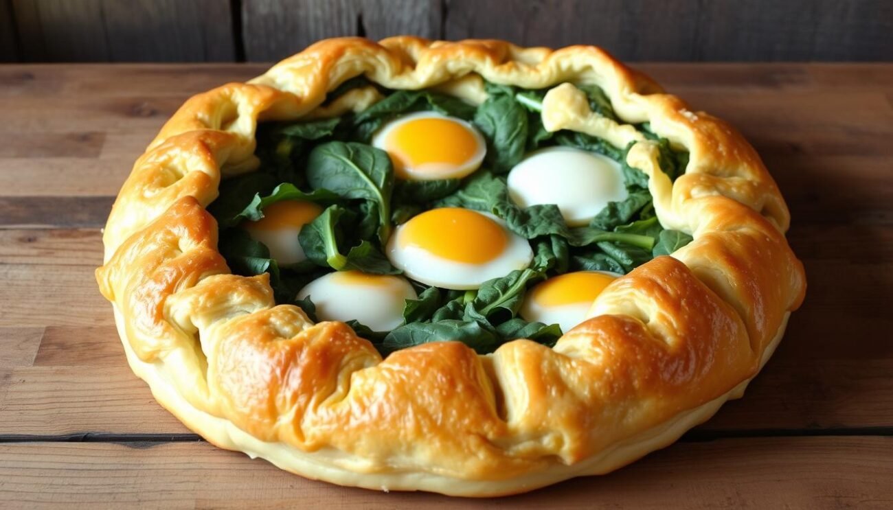 A traditional Italian Easter torta, the Torta Pasqualina showcases a flaky, layered crust encasing a verdant filling of fresh chard, ricotta, and eggs. Set against a rustic backdrop, the torta rests on a wooden table, its golden crust glistening in the soft, natural lighting. The vibrant green chard leaves peek through the delicate pastry, hinting at the savory, creamy filling within. The overall scene evokes the rich culinary heritage and homespun charm of the dish's origins in Liguria, Italy. A traditional Italian Easter torta, the Torta Pasqualina showcases a flaky, layered crust encasing a verdant filling of fresh chard, ricotta, and eggs. Set against a rustic backdrop, the torta rests on a wooden table, its golden crust glistening in the soft, natural lighting. The vibrant green chard leaves peek through the delicate pastry, hinting at the savory, creamy filling within. The overall scene evokes the rich culinary heritage and homespun charm of the dish's origins in Liguria, Italy.