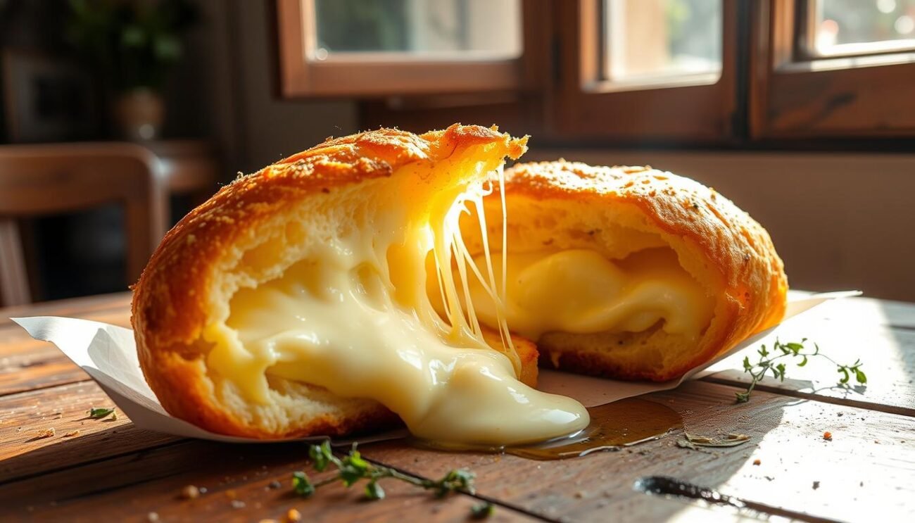 A traditional Italian "Mozzarella in Carrozza": a golden-brown fried sandwich filled with melted, stringy mozzarella cheese. The bread is dipped in beaten eggs and fried to a crispy perfection, its edges curling invitingly. The mozzarella within oozes and stretches as the sandwich is pulled apart, revealing its decadent, molten interior. Sunlight streams through an open window, casting a warm glow on the appetizing dish set upon a rustic wooden table. Fragrant herbs and a drizzle of olive oil complete the authentic, homemade presentation of this classic Italian street food.
