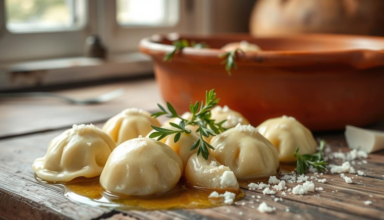 A traditional Italian abruzzese dish of fresh, handmade cheese dumplings, Pallotte Cacio e Ova. In the foreground, a rustic wooden table showcases the creamy, golden dumplings, their surfaces glistening with olive oil. Sprigs of fresh herbs and a sprinkle of grated pecorino cheese add vibrant pops of color. The middle ground features a weathered, terracotta baking dish, hinting at the dish's humble, homemade origins. In the background, soft, natural lighting filters through an open window, casting a warm, inviting glow over the scene. The overall atmosphere evokes the simple, comforting flavors and traditions of the Abruzzo region. A traditional Italian abruzzese dish of fresh, handmade cheese dumplings, Pallotte Cacio e Ova. In the foreground, a rustic wooden table showcases the creamy, golden dumplings, their surfaces glistening with olive oil. Sprigs of fresh herbs and a sprinkle of grated pecorino cheese add vibrant pops of color. The middle ground features a weathered, terracotta baking dish, hinting at the dish's humble, homemade origins. In the background, soft, natural lighting filters through an open window, casting a warm, inviting glow over the scene. The overall atmosphere evokes the simple, comforting flavors and traditions of the Abruzzo region.