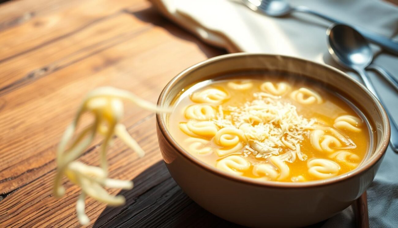 A traditional Italian dish, Stracciatella alla Romana is a delicate egg drop soup simmered in savory broth. In the foreground, wisps of tender shredded egg float in a clear, golden broth, garnished with freshly grated Parmesan. The middle ground features a bowl of steaming soup, its surface gently rippled, set upon a rustic wooden table. In the background, a linen napkin and a spoon await, evoking the cozy, homestyle nature of this classic Roman comfort food. Soft, natural lighting illuminates the scene, casting warm tones and gentle shadows that convey the inviting, nourishing essence of this beloved Italian specialty.