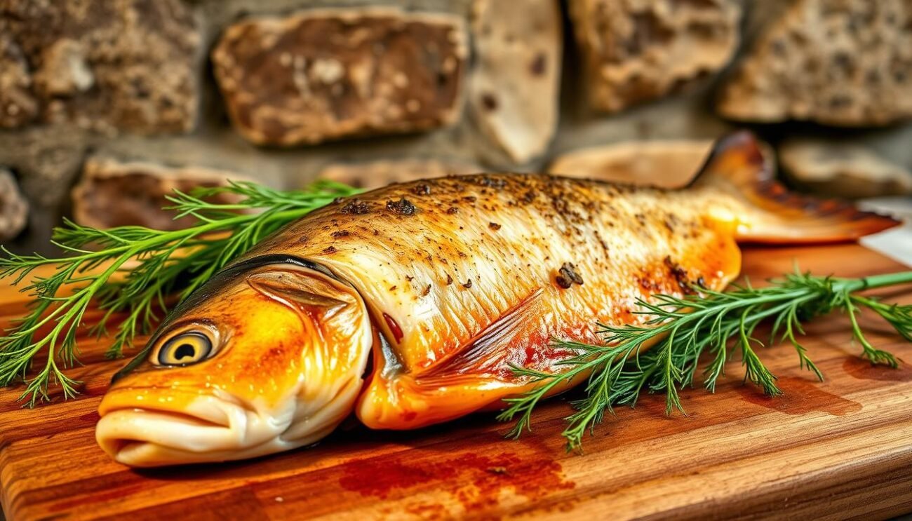 A traditional Italian dish of pan-seared carp fish, seasoned with wild fennel, garlic, and aromatic herbs, resting on a wooden cutting board. The carp's golden-brown skin glistens under the warm, soft lighting, revealing its flaky, moist texture. Aromatic fennel fronds cascade around the fish, complementing the earthy tones. In the background, a rustic stone wall provides a timeless, countryside ambiance, evoking the rich culinary heritage of the Umbrian region.