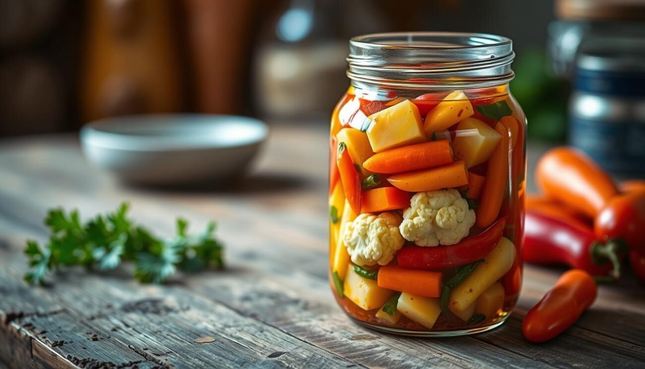 A traditional Italian giardiniera, a vibrant medley of pickled vegetables, rests on a rustic wooden table. The glass jar captures the essence of the countryside, its contents a symphony of crisp carrots, tangy cauliflower, and zesty peppers. Soft, diffused lighting casts a warm glow, illuminating the vivid colors and textures of this quintessential Italian preserve. The scene evokes the comforting familiarity of a well-stocked pantry, a testament to the enduring traditions of Italian home cooking. A traditional Italian giardiniera, a vibrant medley of pickled vegetables, rests on a rustic wooden table. The glass jar captures the essence of the countryside, its contents a symphony of crisp carrots, tangy cauliflower, and zesty peppers. Soft, diffused lighting casts a warm glow, illuminating the vivid colors and textures of this quintessential Italian preserve. The scene evokes the comforting familiarity of a well-stocked pantry, a testament to the enduring traditions of Italian home cooking.