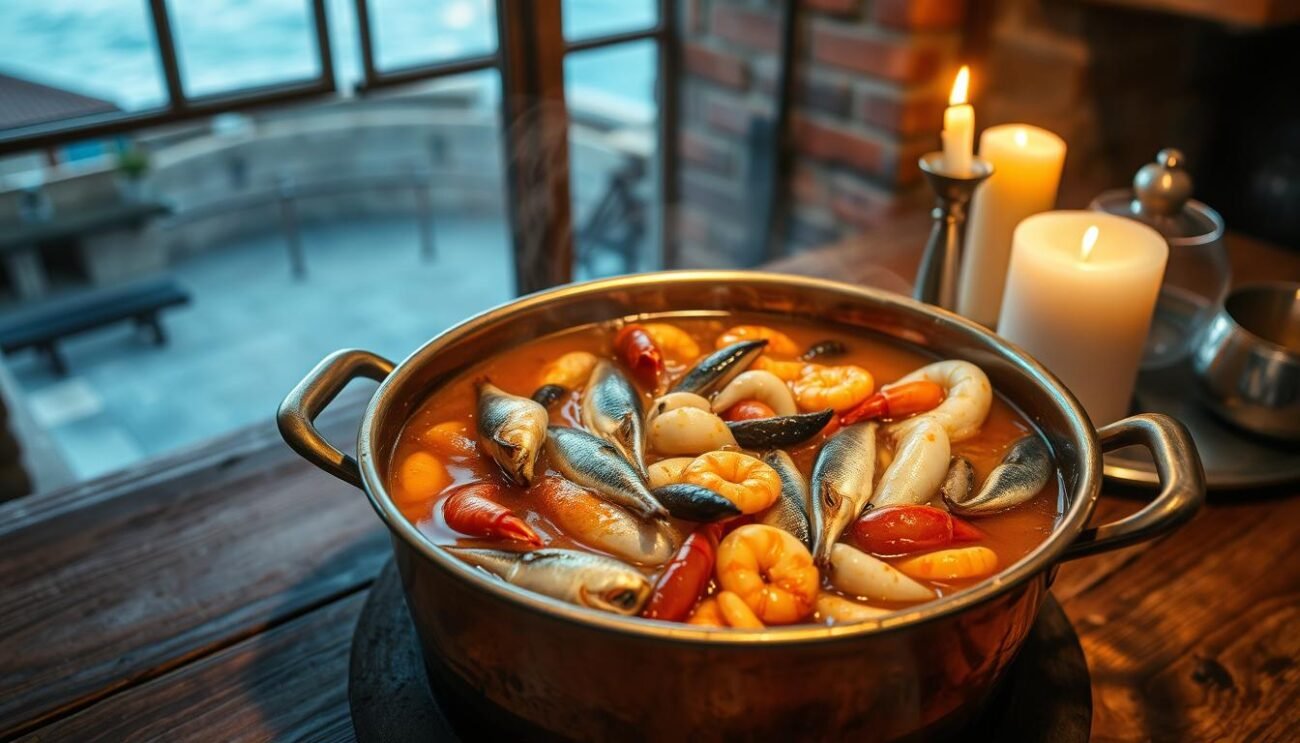 A traditional Italian seafood stew, Brodetto Anconetano, simmers in a copper pot on a rustic wooden table. Shimmering in the warm candlelight, the broth holds a bounty of fresh fish - silvery anchovies, vibrant red prawns, and tender calamari. The aroma of saffron and garlic wafts through the air, creating an inviting atmosphere. In the background, a weathered brick wall and a window overlooking the Adriatic Sea evoke the coastal town of Ancona, where this centuries-old recipe has been passed down through generations. The overall scene captures the history, flavors, and artisanal tradition of this quintessential Marche dish. A traditional Italian seafood stew, Brodetto Anconetano, simmers in a copper pot on a rustic wooden table. Shimmering in the warm candlelight, the broth holds a bounty of fresh fish - silvery anchovies, vibrant red prawns, and tender calamari. The aroma of saffron and garlic wafts through the air, creating an inviting atmosphere. In the background, a weathered brick wall and a window overlooking the Adriatic Sea evoke the coastal town of Ancona, where this centuries-old recipe has been passed down through generations. The overall scene captures the history, flavors, and artisanal tradition of this quintessential Marche dish.