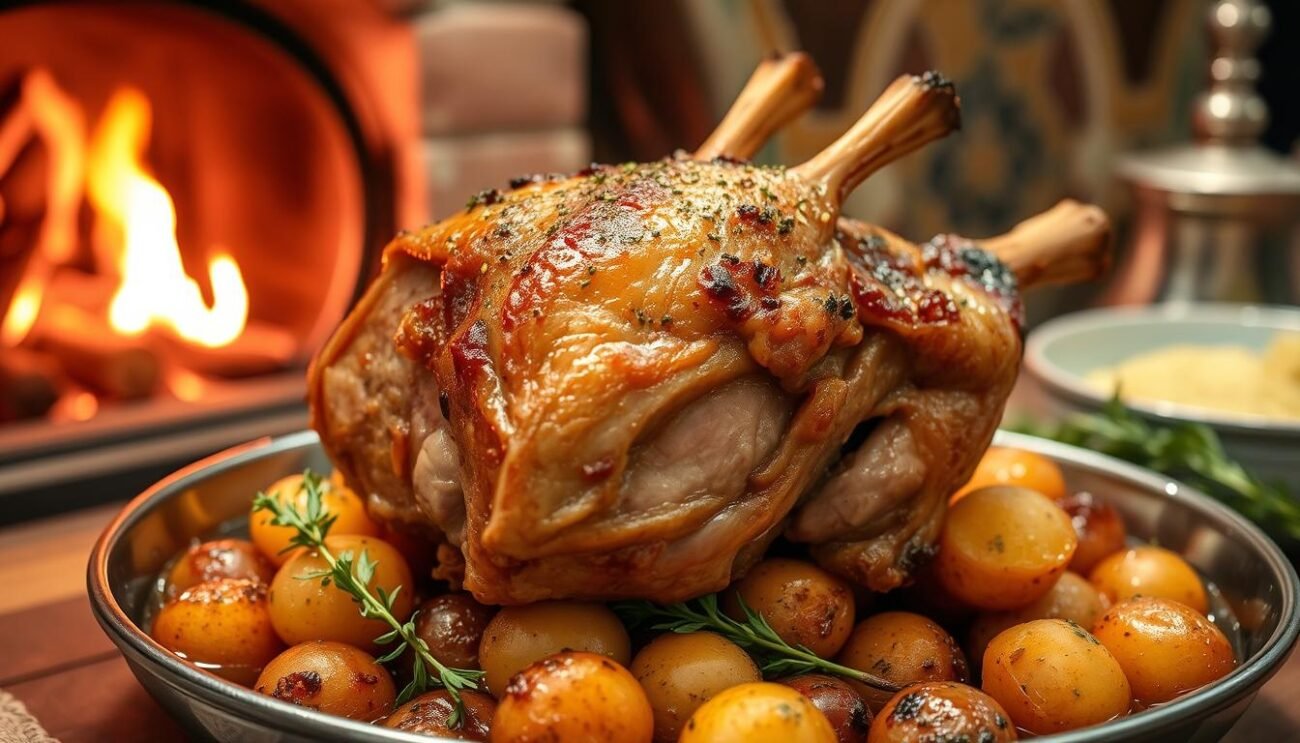 A traditional Molisana lamb roast, glistening with rich pan juices, sits atop a bed of roasted potatoes and fragrant herbs. The lamb's crisp, golden-brown exterior gives way to tender, succulent meat infused with the essence of regional spices. Warm lighting from a nearby hearth casts a cozy glow, evoking the comforting atmosphere of a family kitchen. The scene captures the timeless tradition of this classic Molisano dish, showcasing the care and culinary expertise passed down through generations.