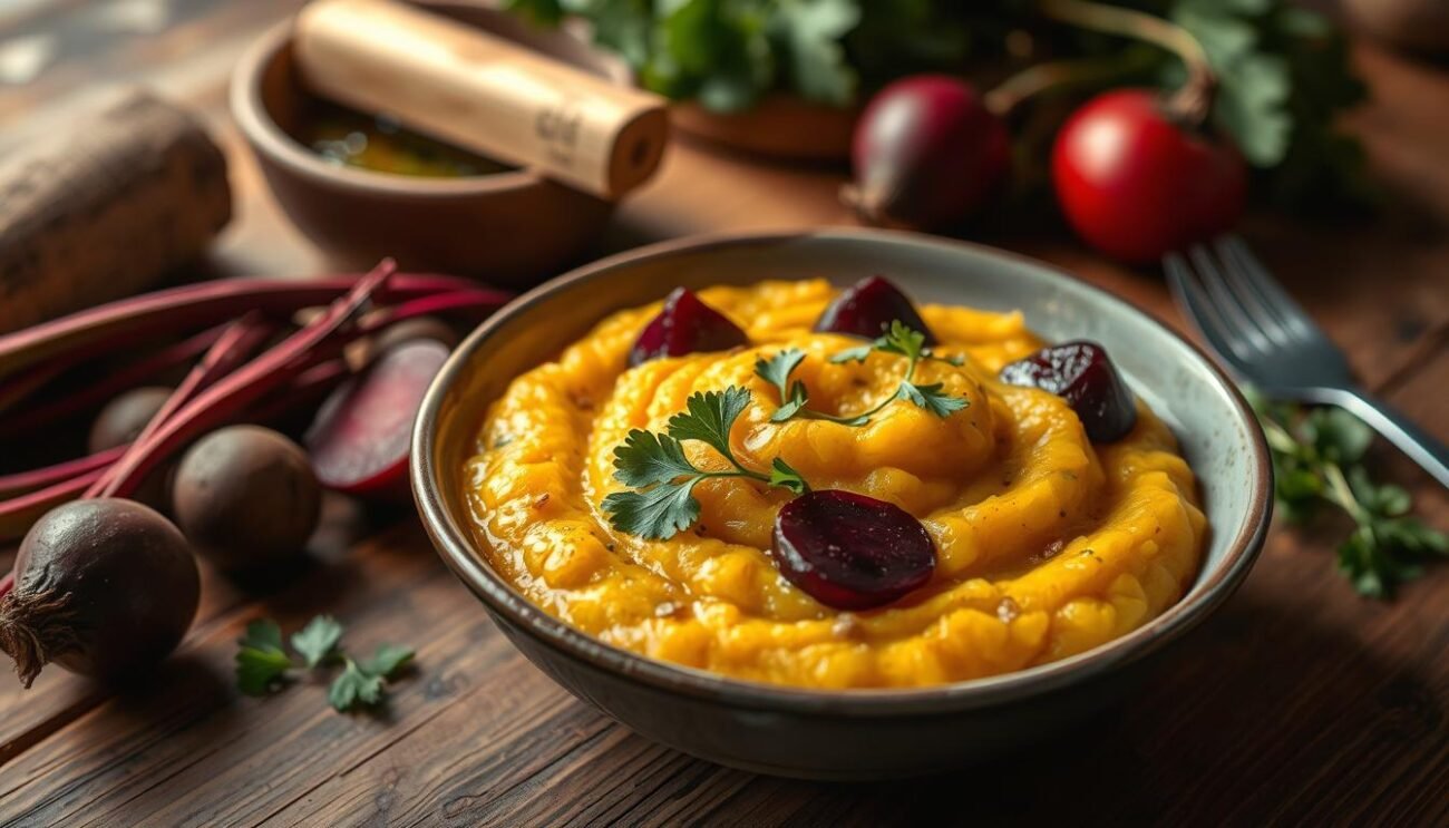 A traditional Molisian Polenta d'Iragna, a hearty cornmeal-based dish, sits atop a wooden table. The golden cornmeal porridge is adorned with fresh, vibrant beets and greens, capturing the rustic charm of Molisian cuisine. Warm, earthy tones permeate the scene, creating an inviting and authentic atmosphere. The image is shot with a vintage lens, lending a timeless quality that evokes the rich history and cultural significance of this regional delicacy. Soft, diffused lighting illuminates the intricate textures and colors, highlighting the artisanal craftsmanship and the love poured into this traditional Molisian treasure.