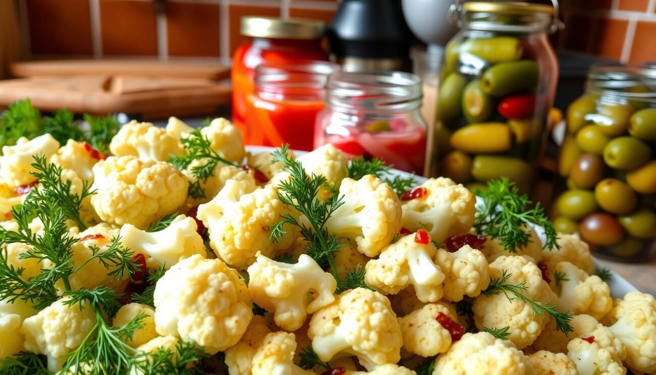 A traditional Neapolitan Christmas dish, Insalata di Rinforzo features a vibrant arrangement of roasted cauliflower, tangy pickled vegetables, and fragrant herbs. In the foreground, gleaming white cauliflower florets mingle with verdant parsley and dill, their colors enhanced by soft, natural lighting. In the middle ground, jars of pickled peppers, onions, and olives add pops of fiery red and deep green, hinting at the bold flavors to come. The background suggests a cozy Neapolitan kitchen, with rustic terracotta tiles and simple wooden accents setting the stage for this timeless holiday specialty. The overall scene evokes the warmth, tradition, and celebration at the heart of Insalata di Rinforzo, a beloved part of Neapolitan Christmas cuisine.