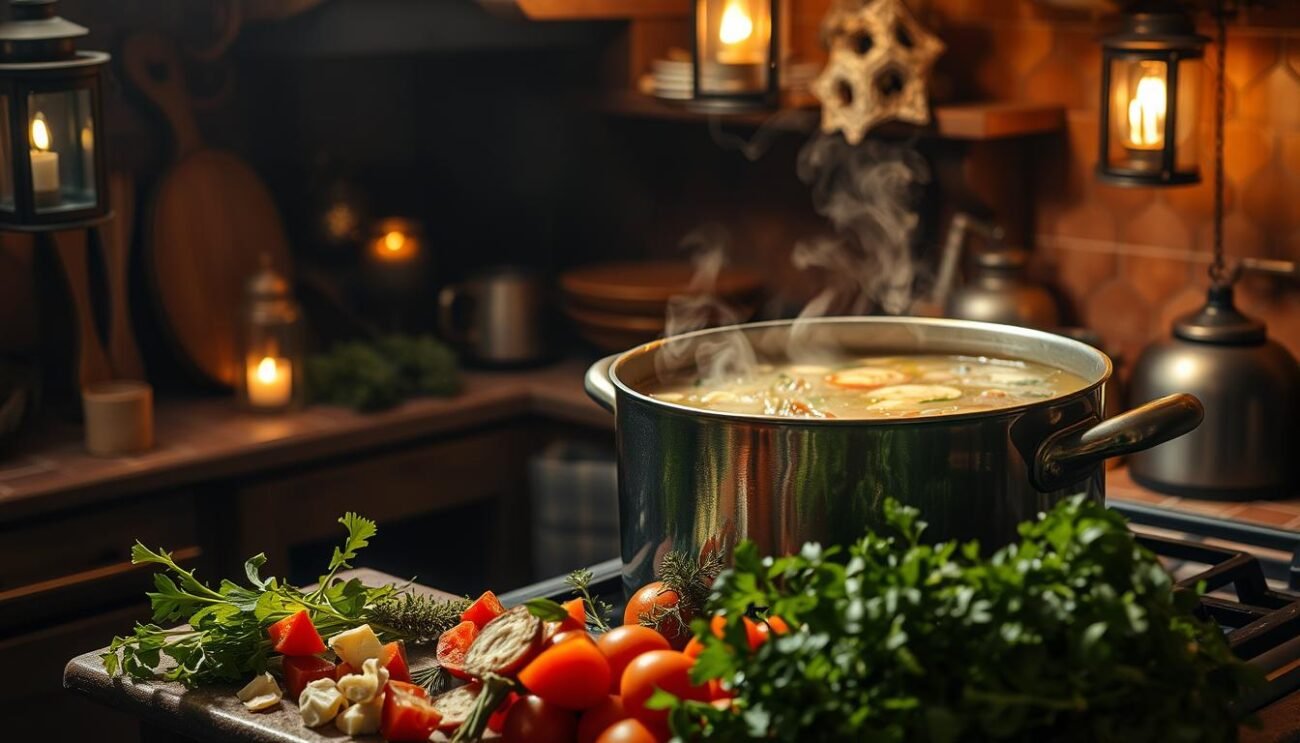 A traditional Neapolitan Christmas dish, minestra maritata (married soup) features a hearty broth teeming with a harmonious blend of leafy greens, savory meats, and aromatic herbs. Set against a cozy, dimly lit kitchen, a large pot simmers on the stovetop, steam gently curling upwards. Rough-hewn wooden surfaces and terra cotta tiles lend a rustic, timeless quality, while a golden glow from antique lanterns casts a warm, inviting ambiance. In the foreground, freshly chopped vegetables and fragrant herbs await their addition to the savory elixir, honoring the cherished culinary traditions of Naples during the holiday season. A traditional Neapolitan Christmas dish, minestra maritata (married soup) features a hearty broth teeming with a harmonious blend of leafy greens, savory meats, and aromatic herbs. Set against a cozy, dimly lit kitchen, a large pot simmers on the stovetop, steam gently curling upwards. Rough-hewn wooden surfaces and terra cotta tiles lend a rustic, timeless quality, while a golden glow from antique lanterns casts a warm, inviting ambiance. In the foreground, freshly chopped vegetables and fragrant herbs await their addition to the savory elixir, honoring the cherished culinary traditions of Naples during the holiday season.