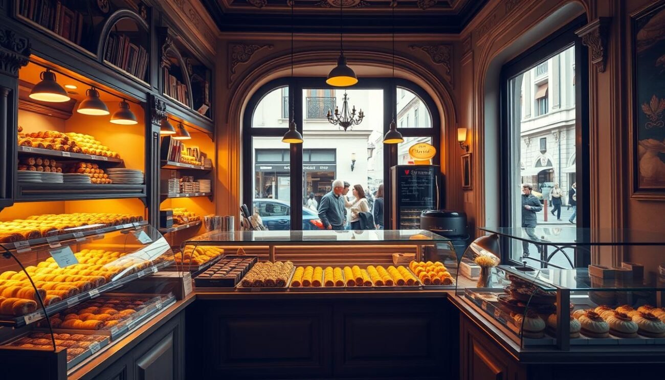 A traditional Roman pasticceria nestled in the heart of the ancient city, its facade adorned with intricate architectural details that whisper of a bygone era. The interior is bathed in warm, golden light, casting a cozy glow over the display of freshly baked pastries and delectable confections. The countertops are lined with an array of delicate cannoli, flaky croissants, and rich, velvety tiramisu, all crafted with the expertise and passion of skilled Roman bakers. The air is infused with the enticing aromas of freshly ground espresso and the sweet, buttery scent of baking. Through the large windows, one catches glimpses of the bustling streets outside, where locals and visitors alike are drawn to the allure of this beloved Roman institution.