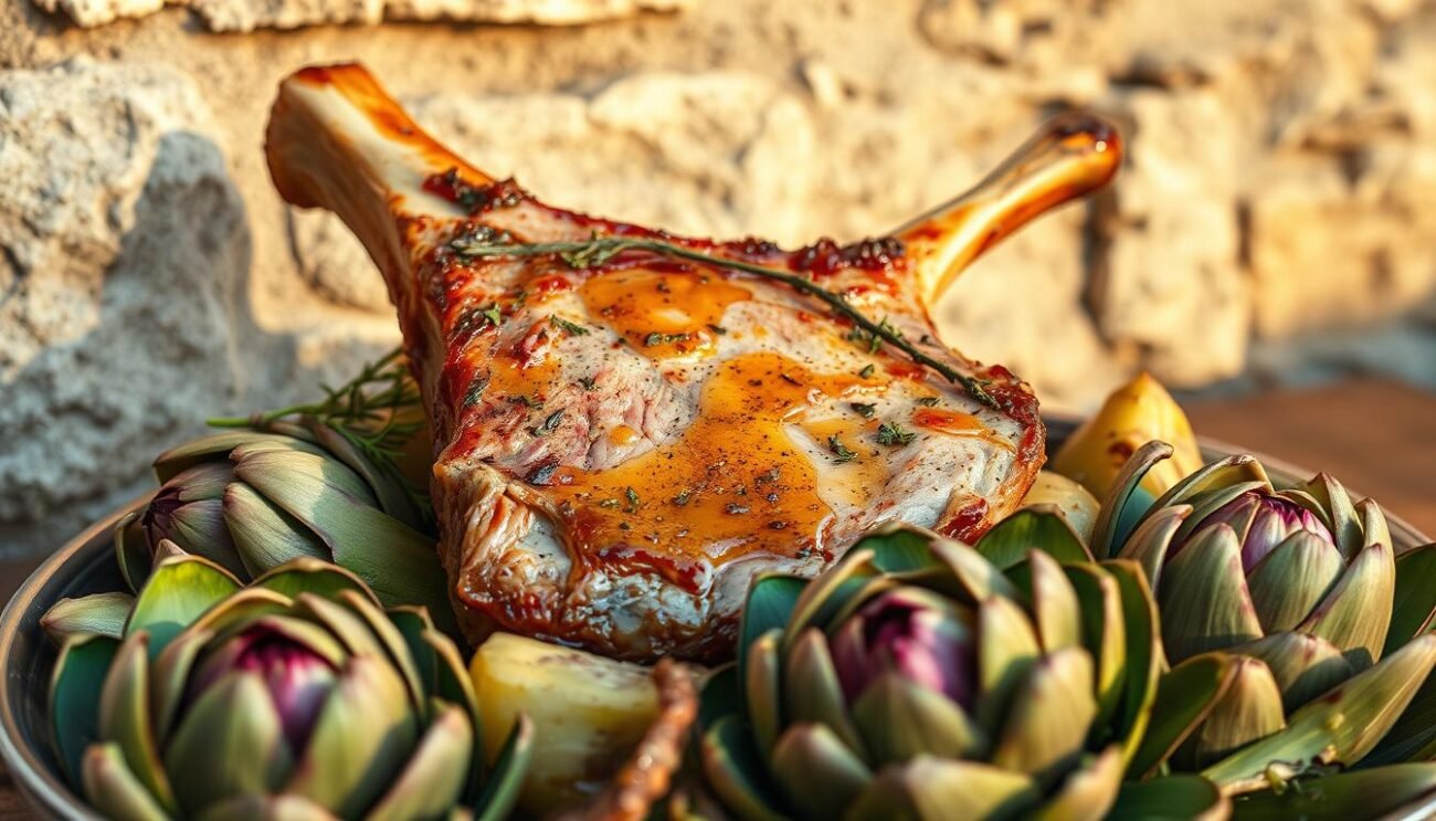 A traditional Sardinian Easter dish, a succulent roasted lamb chop nestled among tender artichoke hearts, drizzled with fragrant olive oil and sprinkled with aromatic herbs. Set against a rustic backdrop of weathered stone walls, the lamb chop glistens under warm, golden lighting, casting soft shadows that accentuate its tender texture. In the foreground, the artichokes' vibrant green leaves and delicate purple hues add a touch of vibrant color, while the overall composition evokes the rich culinary heritage and pastoral beauty of Sardinia.