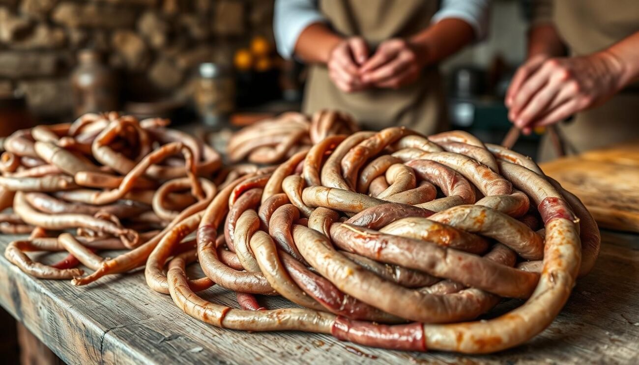 A traditional Sardinian dish, "Preparazione Cordula Sarda" depicts a handcrafted arrangement of lamb offal expertly woven into an intricate spiral. In the foreground, delicate lamb intestines and hearts are meticulously braided, their intricate textures and warm, earthy tones illuminated by soft, natural lighting. The middle ground showcases the dish's preparation, with skilled hands carefully shaping the cordula, conveying the time-honored techniques of Sardinian shepherds. The background features a rustic, stone-walled kitchen, evoking the pastoral heritage of this iconic Campidano delicacy. An atmosphere of artisanal craftsmanship and cultural tradition permeates the scene, capturing the essence of this beloved regional specialty. A traditional Sardinian dish, "Preparazione Cordula Sarda" depicts a handcrafted arrangement of lamb offal expertly woven into an intricate spiral. In the foreground, delicate lamb intestines and hearts are meticulously braided, their intricate textures and warm, earthy tones illuminated by soft, natural lighting. The middle ground showcases the dish's preparation, with skilled hands carefully shaping the cordula, conveying the time-honored techniques of Sardinian shepherds. The background features a rustic, stone-walled kitchen, evoking the pastoral heritage of this iconic Campidano delicacy. An atmosphere of artisanal craftsmanship and cultural tradition permeates the scene, capturing the essence of this beloved regional specialty.