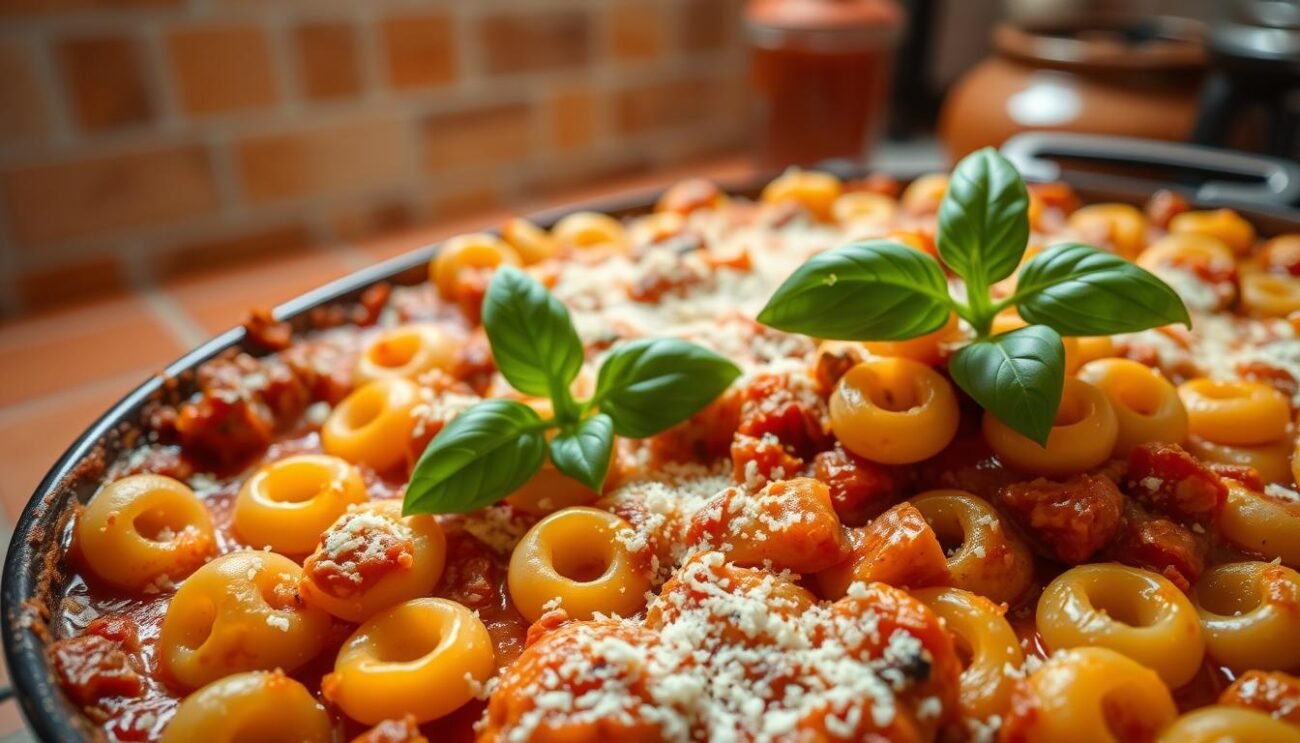 A traditional Sicilian baked pasta dish, anelletti al forno features small, ring-shaped pasta nestled in a rich tomato and meat sauce, layered with creamy bechamel and grated cheese. The foreground showcases the golden-brown, bubbling casserole dish, the pasta rings perfectly al dente. In the middle ground, a hand-torn piece of fresh basil adds a vibrant pop of green, while the background hints at a rustic Italian kitchen, with earthy terracotta tiles and warm, soft lighting casting a cozy glow. The overall scene evokes the comforting, homemade allure of this beloved Sicilian specialty.