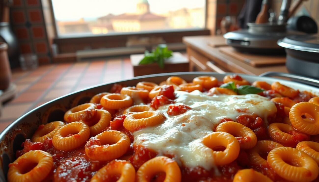 A traditional Sicilian oven-baked pasta dish, anelletti al forno features small ring-shaped pasta nestled in a rich, meaty tomato sauce and layered with gooey mozzarella cheese. The foreground showcases the dish's key elements - the golden-brown pasta rings, the vibrant red sauce, and the melted cheese topping. The middle ground reveals a glimpse of a rustic Sicilian kitchen, with terracotta tiles, weathered wooden surfaces, and a few sprigs of fresh basil. In the background, a faint outline of historic Palermo architecture hints at the dish's deep cultural roots. Soft, warm lighting casts a cozy, inviting atmosphere, capturing the essence of this beloved Sicilian comfort food.