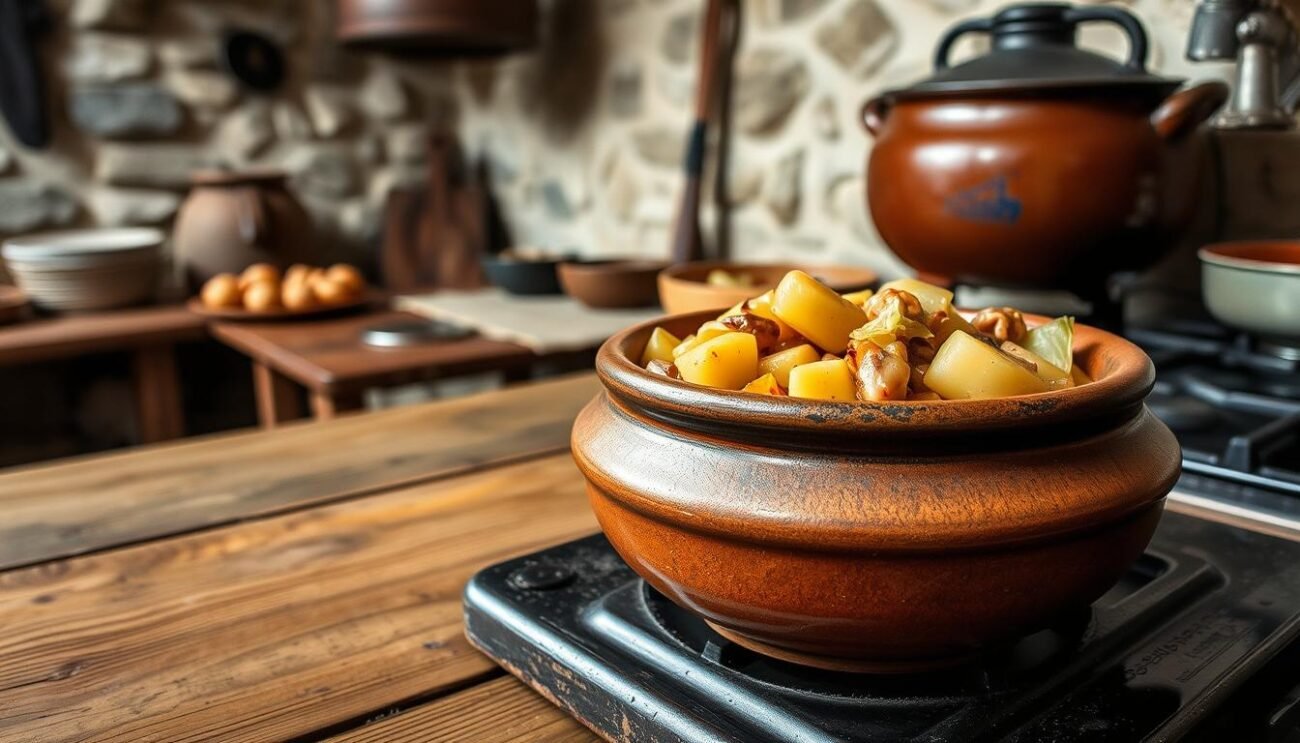 A traditional Triestine soup, Jota Triestina Friulana, simmers on a rustic stovetop. In the foreground, an earthenware bowl filled with the hearty concoction of beans, cabbage, and potatoes, their colors and textures intermingling. The middle ground features a wooden table, the worn surface hinting at the dish's heritage. In the background, a cozy kitchen setting with stone walls and a cast-iron pot hanging from the ceiling, evoking the warmth and comfort of a Northern Italian home. The scene is bathed in soft, natural lighting, capturing the homely essence of this regional specialty.