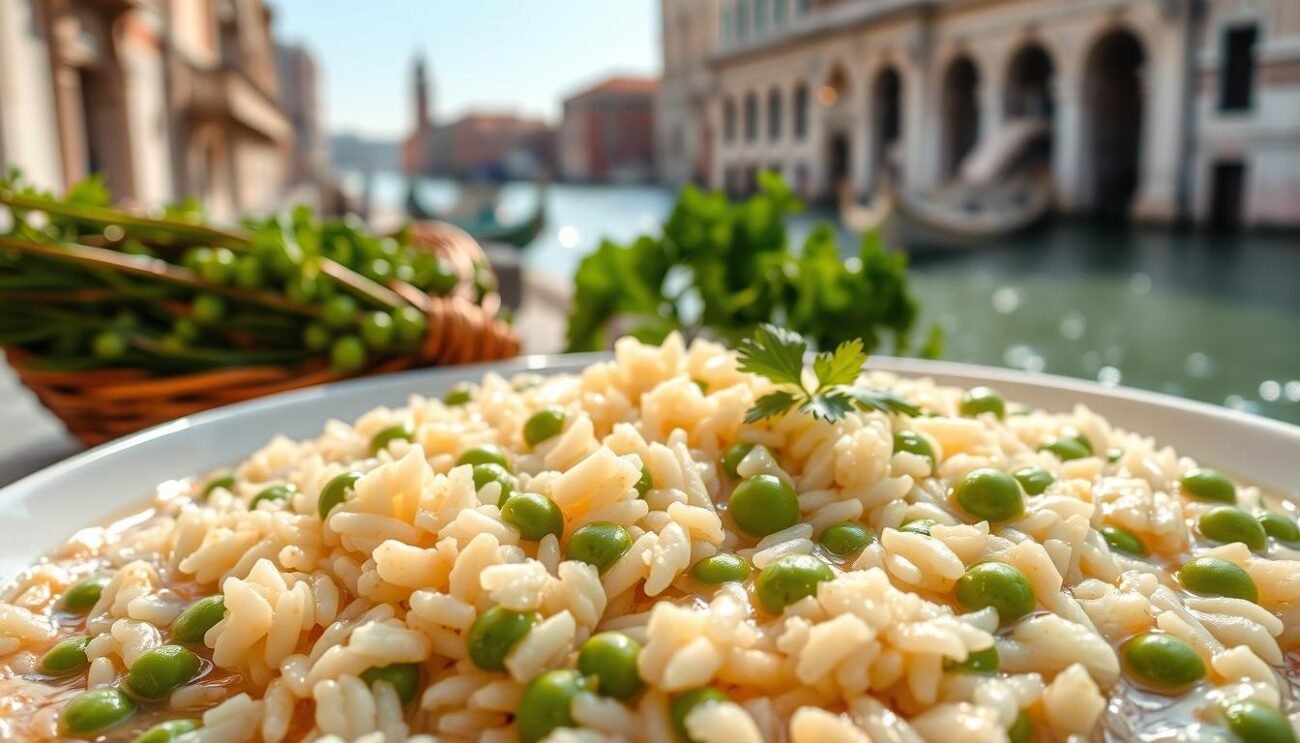 A traditional Venetian dish, Risi e Bisi features perfectly cooked Arborio rice mingling with tender, sweet peas in a rich, creamy broth. The foreground showcases the steaming rice dish, its delicate grains glistening in the soft, warm lighting. In the middle ground, bunches of fresh peas and sprigs of parsley add vibrant pops of green, hinting at the fresh, seasonal ingredients. The background evokes the grand, historic architecture of Venice, with glimpses of ornate stonework and the shimmering waters of the canals beyond, creating a sense of timeless, authentic Italian atmosphere. The image conveys the comforting, homemade essence of this classic Venetian preparation, inviting the viewer to experience its flavors and textures.