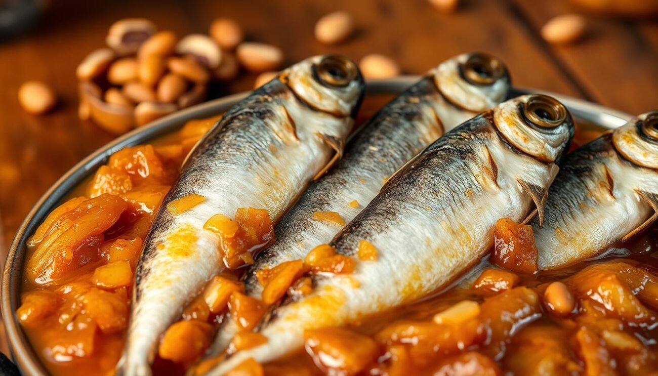 A traditional Venetian dish, Sarde in Saor, showcases golden-fried sardines nestled in a vibrant onion compote. In the foreground, the sardines glisten under warm, soft lighting, their delicate scales and flaky flesh inviting a savory bite. The middle ground reveals the rich, amber-hued onion mixture, infused with vinegar and pine nuts, creating a harmonious balance of sweet and tangy flavors. In the background, a rustic wooden table sets the stage, hinting at the dish's centuries-old history and the skilled hands that have passed down this ancient preservation technique. The overall composition evokes a sense of traditional Italian cuisine, honoring the storied origins of this beloved Veneto specialty.