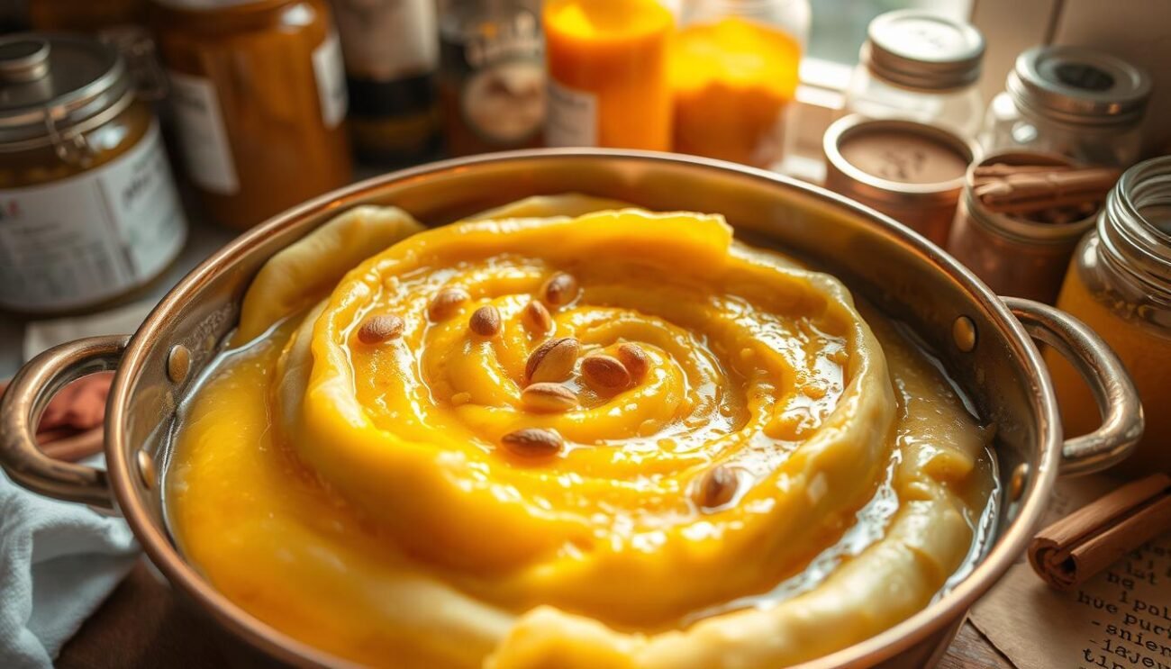 A traditional ripieno, a delicate and flavorful filling made with honey, almonds, and warm spices. The golden mixture is lovingly prepared, simmered to a thick, creamy consistency, the aromas of vanilla and cinnamon wafting through the air. Sunlight streams through a kitchen window, casting a warm glow over the carefully crafted components - a copper bowl, a wooden spoon, jars of rich ingredients. This traditional filling, the heart of a beloved pastry, is ready to be lovingly encased in delicate dough, forming a delectable spiral that evokes the rustic charm of Italian baking. A traditional ripieno, a delicate and flavorful filling made with honey, almonds, and warm spices. The golden mixture is lovingly prepared, simmered to a thick, creamy consistency, the aromas of vanilla and cinnamon wafting through the air. Sunlight streams through a kitchen window, casting a warm glow over the carefully crafted components - a copper bowl, a wooden spoon, jars of rich ingredients. This traditional filling, the heart of a beloved pastry, is ready to be lovingly encased in delicate dough, forming a delectable spiral that evokes the rustic charm of Italian baking.