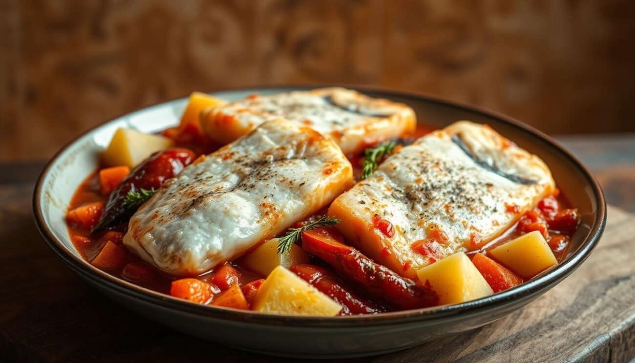 A traditional rustic dish from the Italian region of Molise, "baccalà alla molisana" features tender salt-cured cod simmered in a rich tomato-based sauce with potatoes, cruschi (fried dried peppers), and aromatic herbs. Set against a warm, earthy backdrop, the fish and vegetables are arranged in an inviting, family-style presentation, conveying the homespun, comforting essence of this classic peasant recipe. Soft, natural lighting illuminates the dish, casting gentle shadows that highlight the varied textures and colors - the flaky, golden-brown cod, the creamy potato cubes, the crisp, reddish-brown cruschi, and the deep red-orange tomato sauce. The overall mood is one of simple, rustic elegance, reflecting the traditions and flavors of the Molisan countryside.