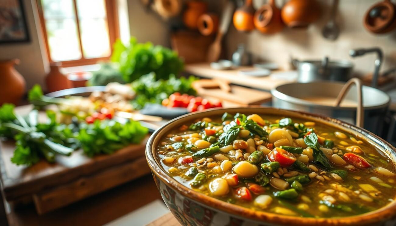 A traditional spring minestrone dish, Ciavarro Marchigiano is a hearty, rustic soup originating from the Marche region of Italy. In the foreground, a large bowl brimming with the vibrant green and earthy tones of the soup, featuring a medley of fresh spring vegetables, legumes, and grains. The middle ground showcases the preparation process, with various ingredients being chopped and simmered on a wooden table. In the background, a cozy, sun-dappled kitchen setting, with terracotta pots and pans hanging on the walls, capturing the authentic, homemade essence of this beloved regional dish. The lighting is warm and natural, highlighting the rich textures and flavors of the Ciavarro Marchigiano. Overall, the image conveys the history, tradition, and comforting qualities of this quintessential Marche culinary delight. A traditional spring minestrone dish, Ciavarro Marchigiano is a hearty, rustic soup originating from the Marche region of Italy. In the foreground, a large bowl brimming with the vibrant green and earthy tones of the soup, featuring a medley of fresh spring vegetables, legumes, and grains. The middle ground showcases the preparation process, with various ingredients being chopped and simmered on a wooden table. In the background, a cozy, sun-dappled kitchen setting, with terracotta pots and pans hanging on the walls, capturing the authentic, homemade essence of this beloved regional dish. The lighting is warm and natural, highlighting the rich textures and flavors of the Ciavarro Marchigiano. Overall, the image conveys the history, tradition, and comforting qualities of this quintessential Marche culinary delight.