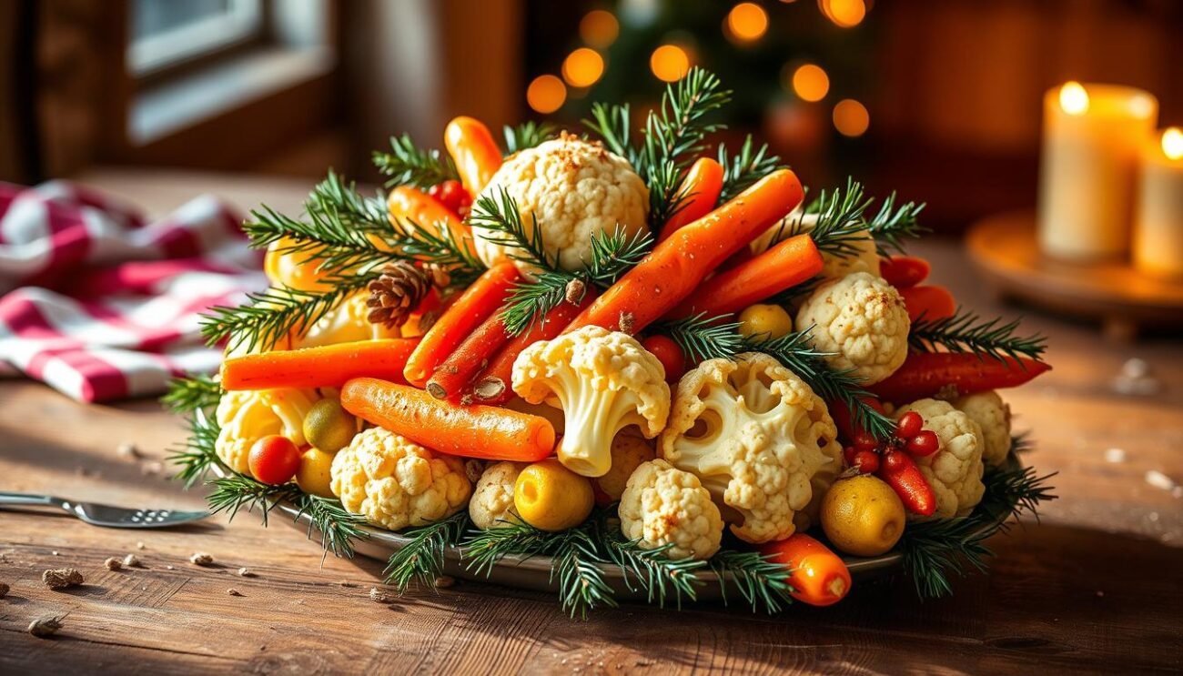 A vibrant Christmas-themed centerpiece, featuring an artful arrangement of pickled vegetables, adorned with a sprinkling of pine needles and twigs. The contorno natalizio sits atop a rustic wooden table, illuminated by warm, natural lighting that casts a cozy glow. The composition showcases the rich colors and textures of the pickled cauliflower, carrots, and other seasonal produce, creating a visually appealing and appetizing display. The overall mood is one of festive simplicity, hinting at the comforting flavors and traditions associated with the traditional Italian holiday dish.