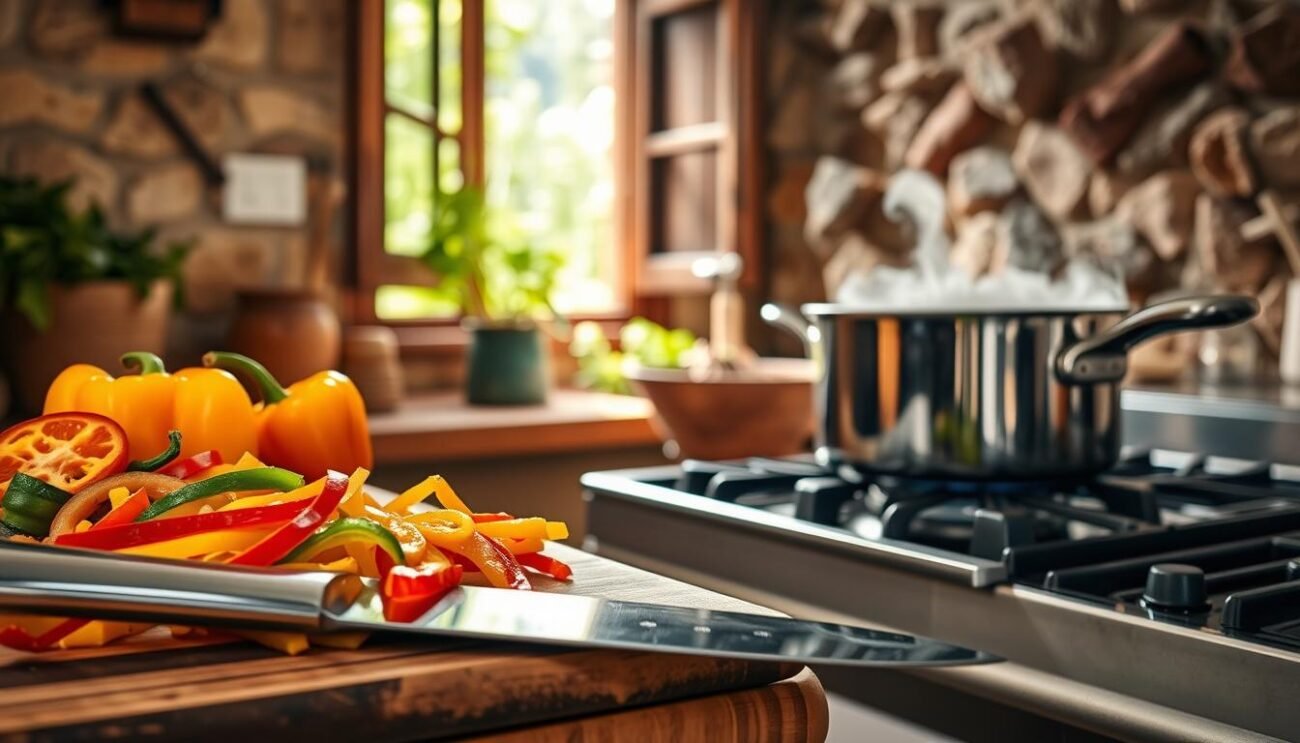 A vibrant Mediterranean kitchen scene. In the foreground, a wooden chopping board holds an array of freshly sliced bell peppers in a rainbow of colors - red, yellow, and green. A sharp chef's knife rests nearby, its polished blade gleaming under the warm, natural lighting that fills the frame. In the middle ground, a large saucepan simmers on a gas stovetop, releasing fragrant steam that curls and dances. The background showcases the rustic charm of an Italian kitchen, with terracotta tiles, a weathered stone wall, and a window overlooking a lush, verdant garden. The overall mood is one of homespun simplicity and the comforting aromas of a classic Mediterranean dish in the making.