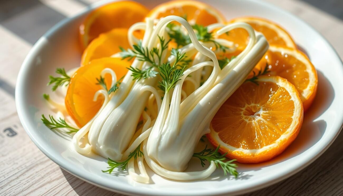 A vibrant and fresh salad of crisp fennel bulbs and juicy orange slices, arranged artfully on a white porcelain plate. The fennel fronds curl gracefully, their feathery texture contrasting with the glossy orange segments. Soft natural lighting gently illuminates the scene, casting subtle shadows that accentuate the salad's depth and dimension. The composition is visually balanced, with the fennel and oranges complementing each other's colors and shapes in a harmonious display. This visually appealing and appetizing dish captures the essence of a classic Italian fennel and orange salad, perfect for an al fresco lunch or as a light and digestive side. A vibrant and fresh salad of crisp fennel bulbs and juicy orange slices, arranged artfully on a white porcelain plate. The fennel fronds curl gracefully, their feathery texture contrasting with the glossy orange segments. Soft natural lighting gently illuminates the scene, casting subtle shadows that accentuate the salad's depth and dimension. The composition is visually balanced, with the fennel and oranges complementing each other's colors and shapes in a harmonious display. This visually appealing and appetizing dish captures the essence of a classic Italian fennel and orange salad, perfect for an al fresco lunch or as a light and digestive side.