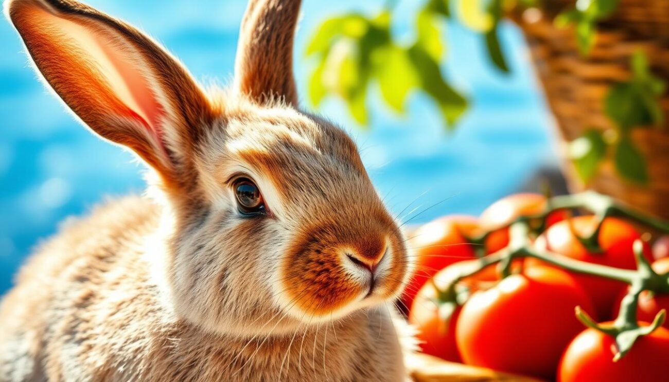A vibrant and rustic image of the unique "Coniglio Ischitana" rabbit, a distinctive local variety from the island of Ischia, Italy. In the foreground, the rabbit's soft, fluffy fur and alert gaze are highlighted by natural, warm lighting. The middle ground showcases fresh tomatoes, a nod to the classic "Coniglio all'Ischitana" dish, while the background subtly suggests a coastal setting with a hint of the Mediterranean Sea. The overall composition conveys the harmony between the rabbit, the local produce, and the island's sun-drenched atmosphere, embodying the essence of the "Le Varianti del Coniglio all'Ischitana" section.